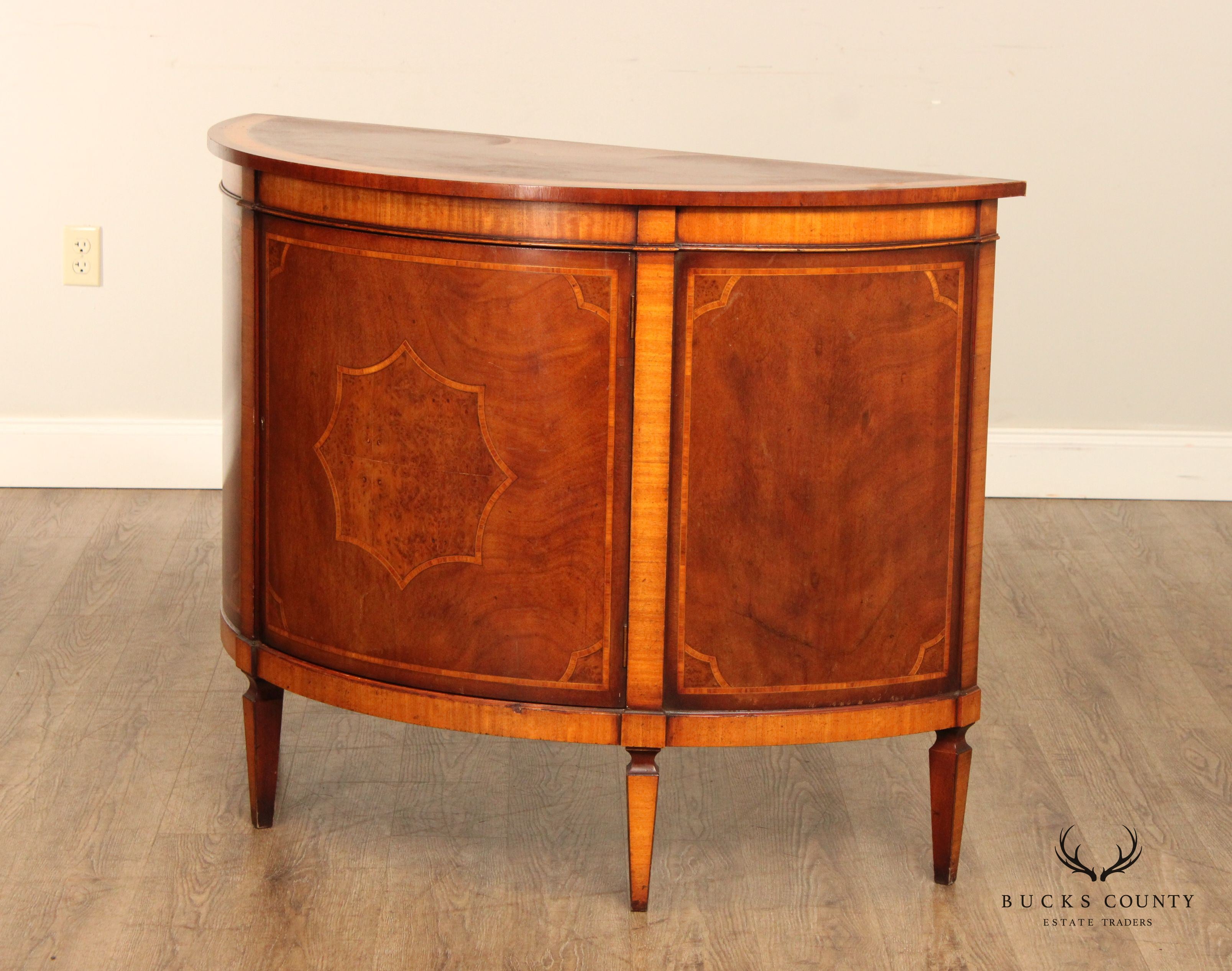 Regency Style Inlaid Walnut Demilune Cabinet Commode