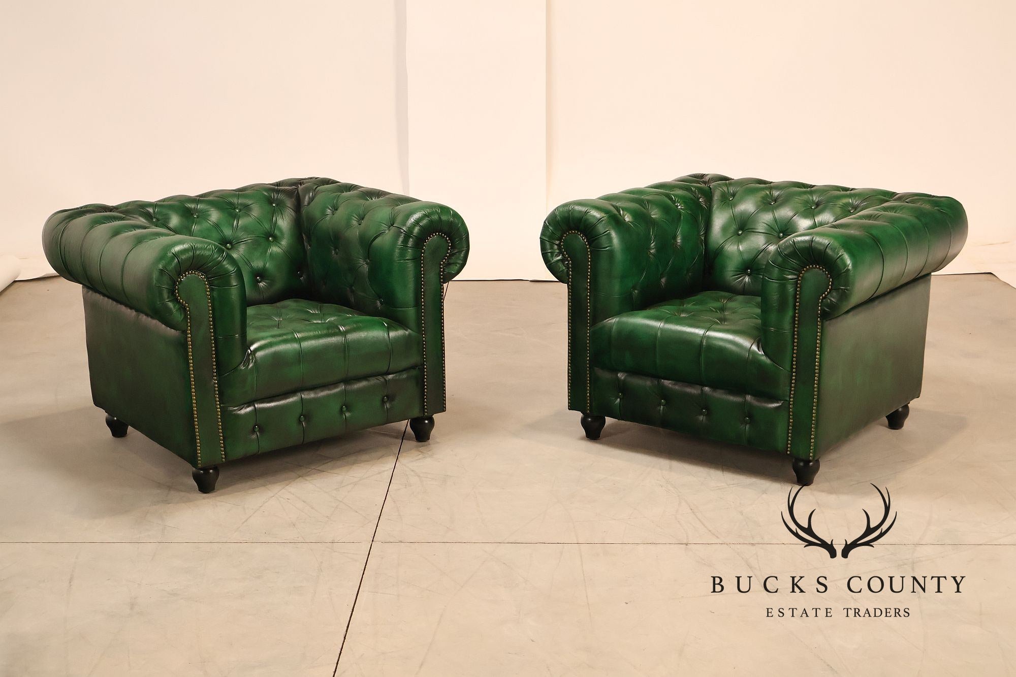 Chesterfield Style Pair of Green Leather Club Chairs