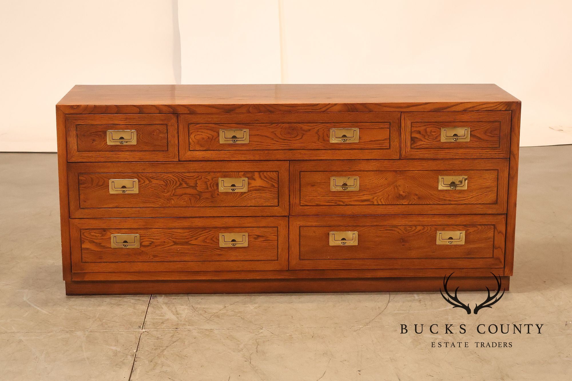 Henredon Campaign Style Oak Seven Drawer Dresser