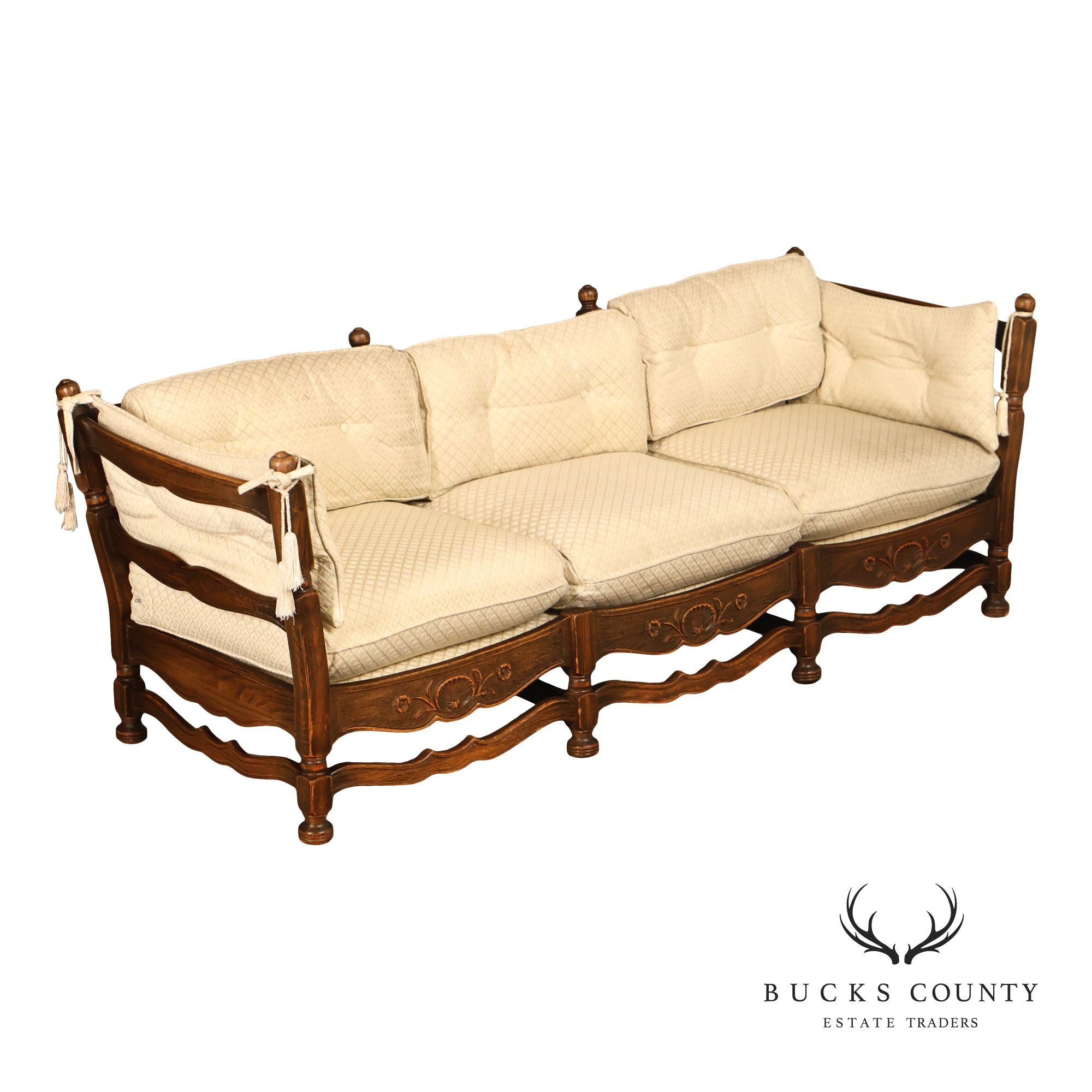 French Country Style Carved Oak Frame Three Seat Sofa