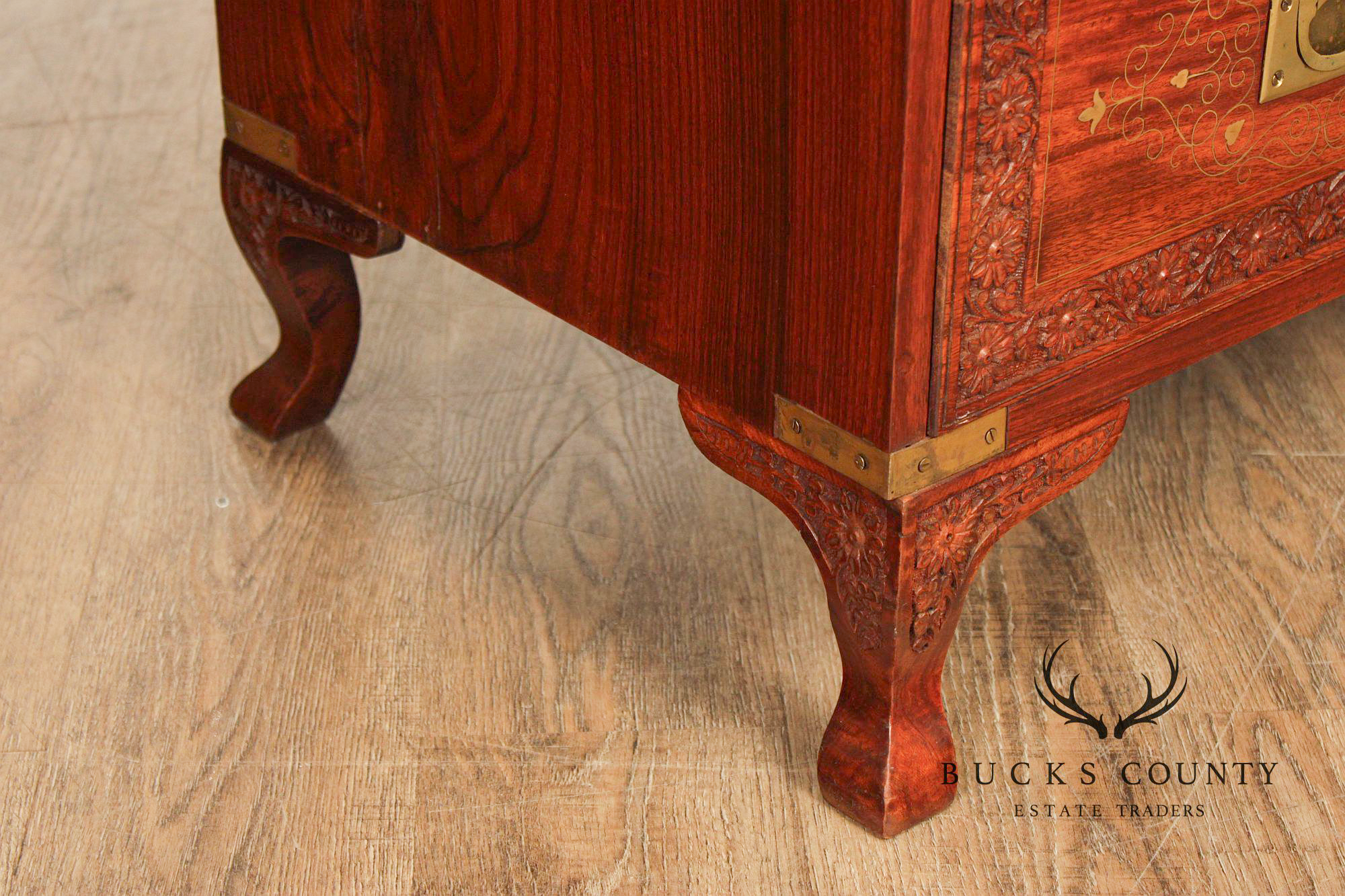 Brass Inlaid And Carved Teak Four Drawer Campaign Chest