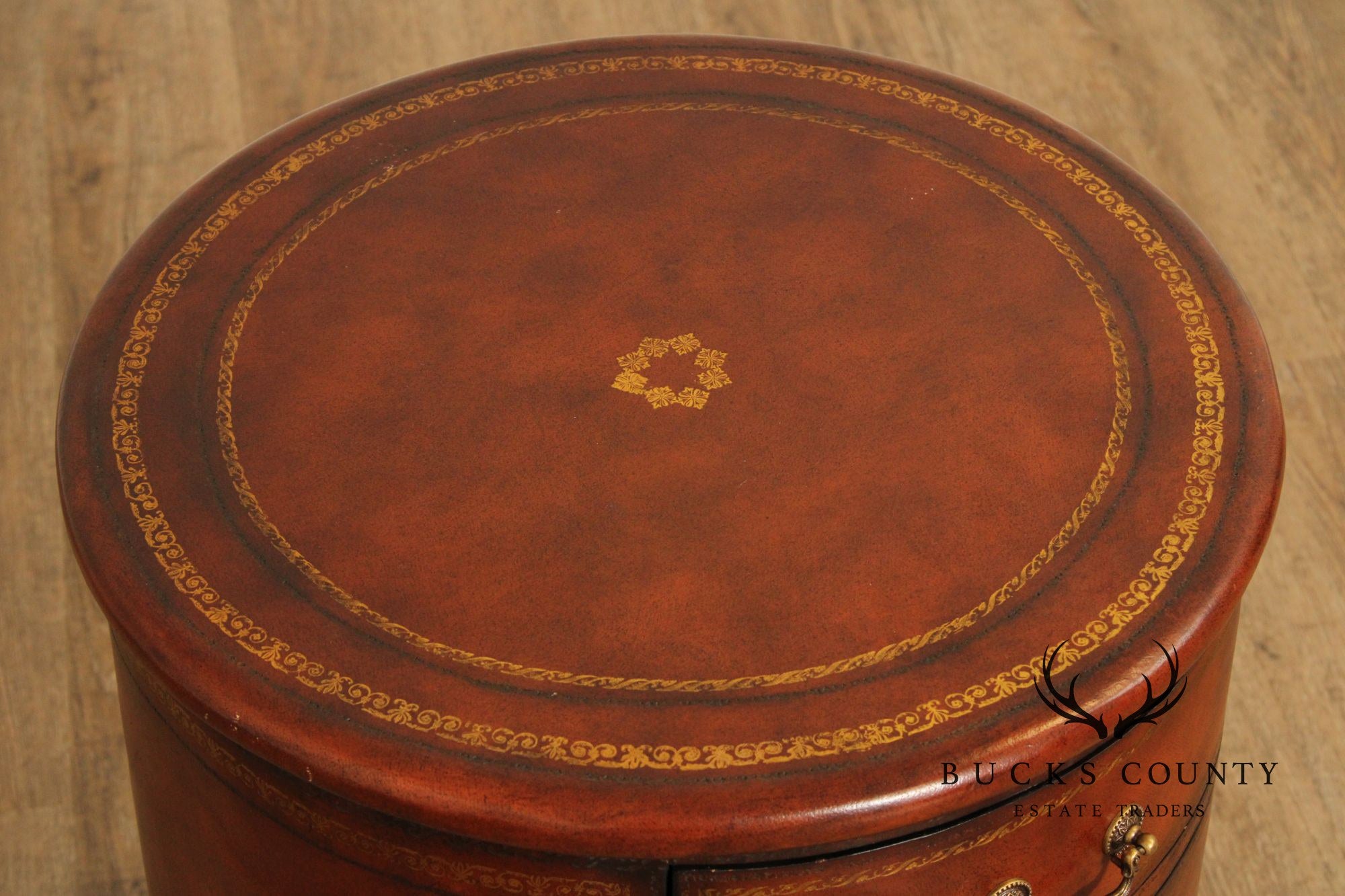 Regency Style Leather Wrapped Drum Table