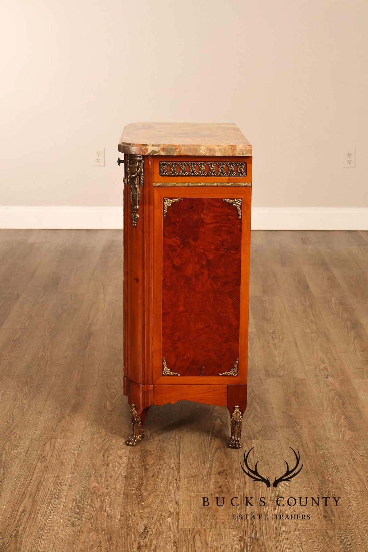 Louis XVI Style Marble Top Marquetry And Bronze Mounted Cabinet