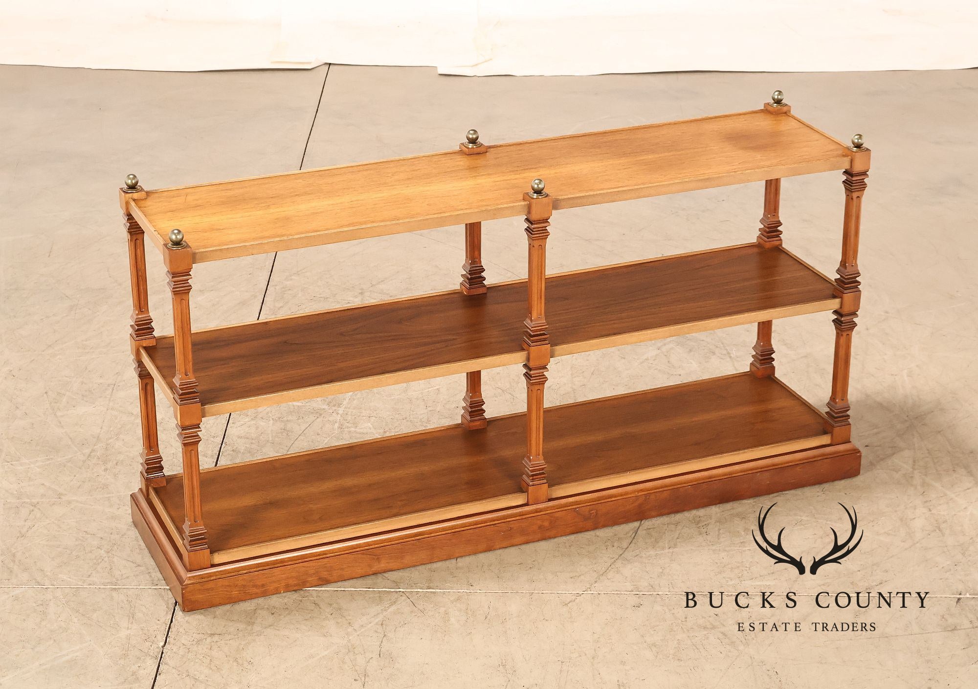 Brandt Furniture Regency Style Walnut Three-Tier Open Etagere Bookcase With Brass Ball Finials