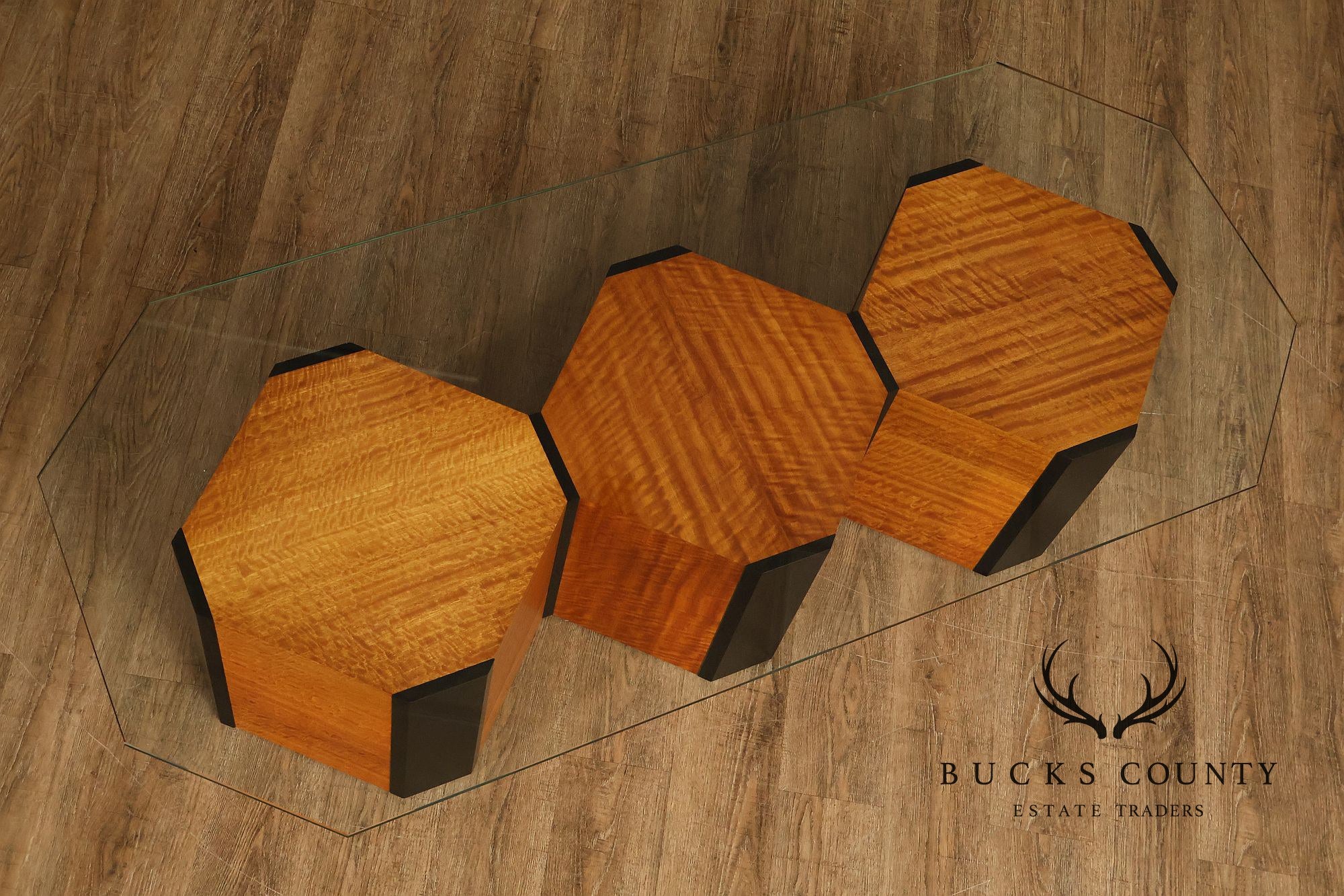 Honeycomb Style Glass Top Coffee Table With Figured Wood Base