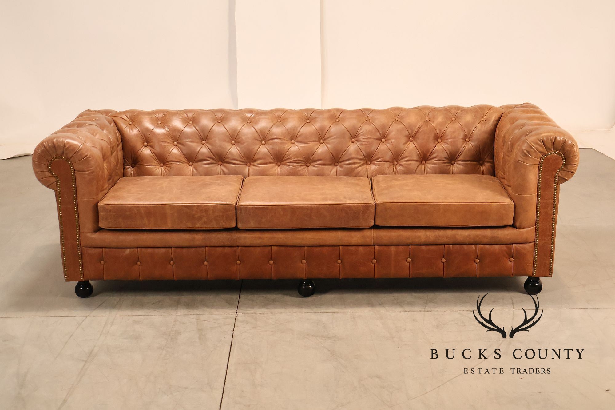 Chesterfield Style 8 Foot Distressed Brown Tufted Leather Sofa