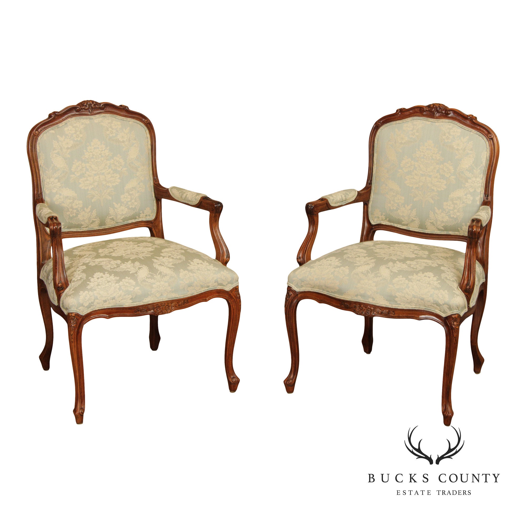 Ethan Allen French Louis XV Style Pair Fauteuil Armchairs