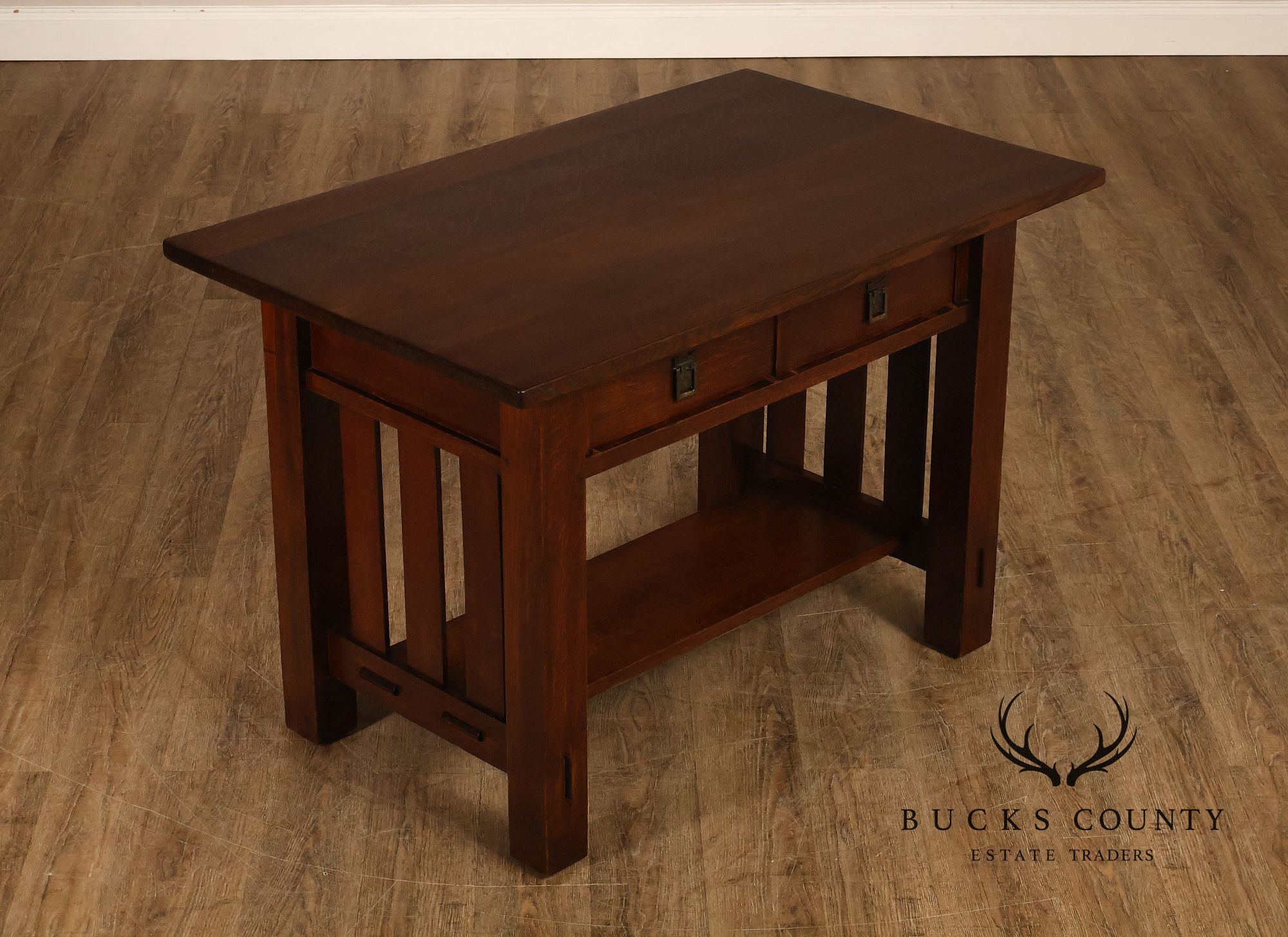 Antique Mission Oak Library Table Writing Desk With Drawers And Lower Shelf