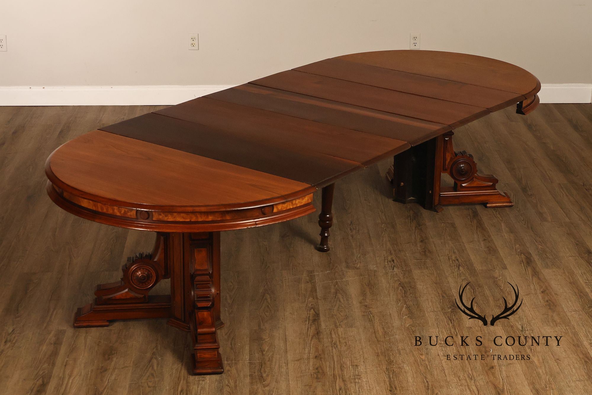 Antique Victorian Renaissance Revival Round Walnut Split Pedestal Extension Dining Table