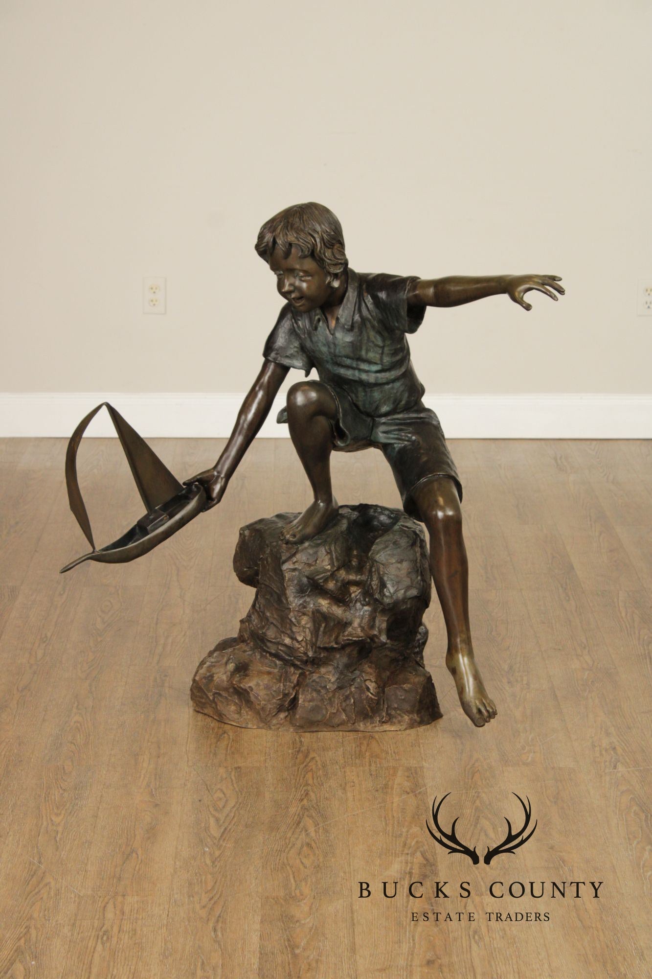 Bronze Life Size Garden Statue Of Boy With Sail Boat