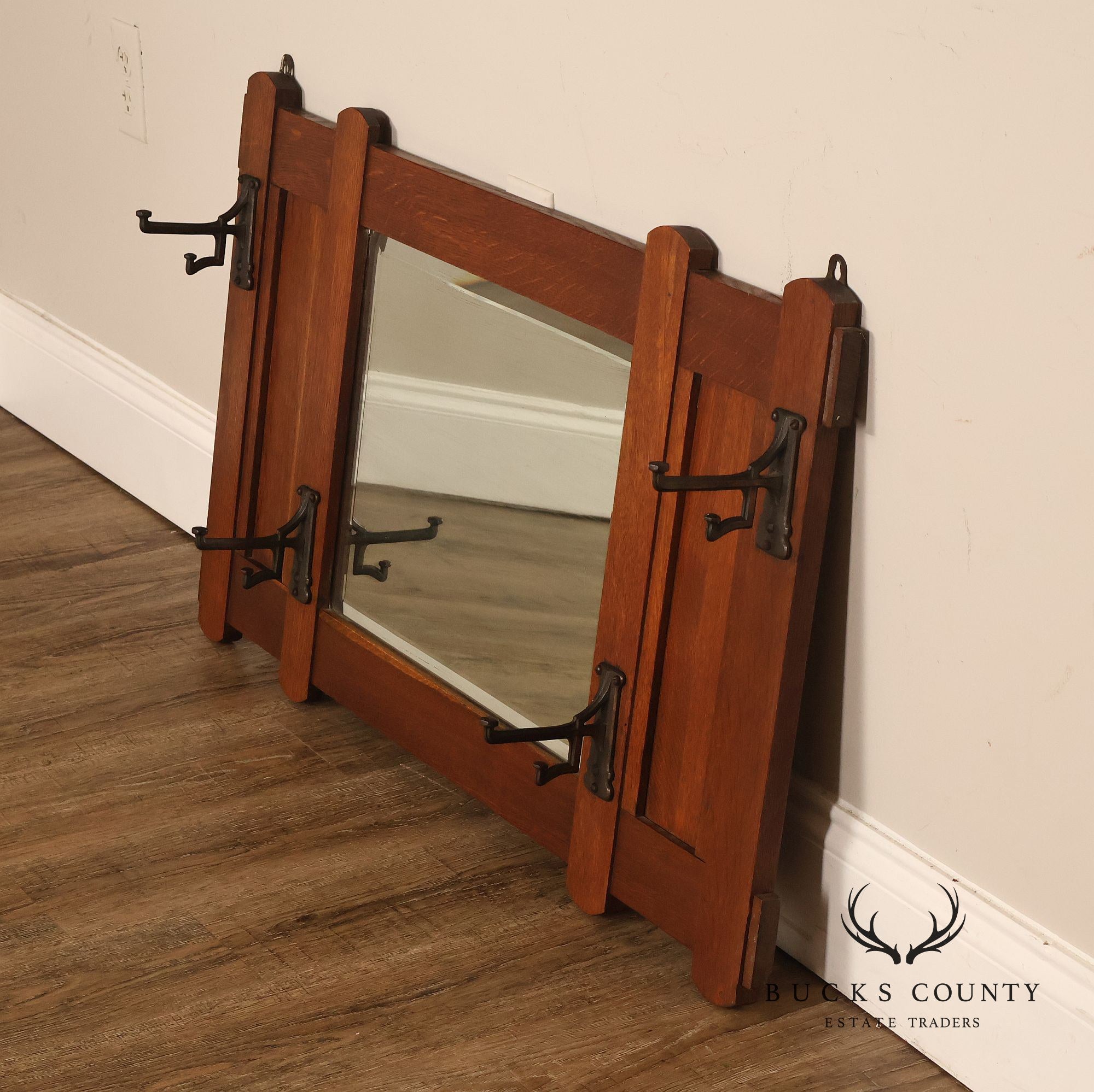 Antique Arts And Crafts Mission Oak Hall Mirror With Coat Hooks