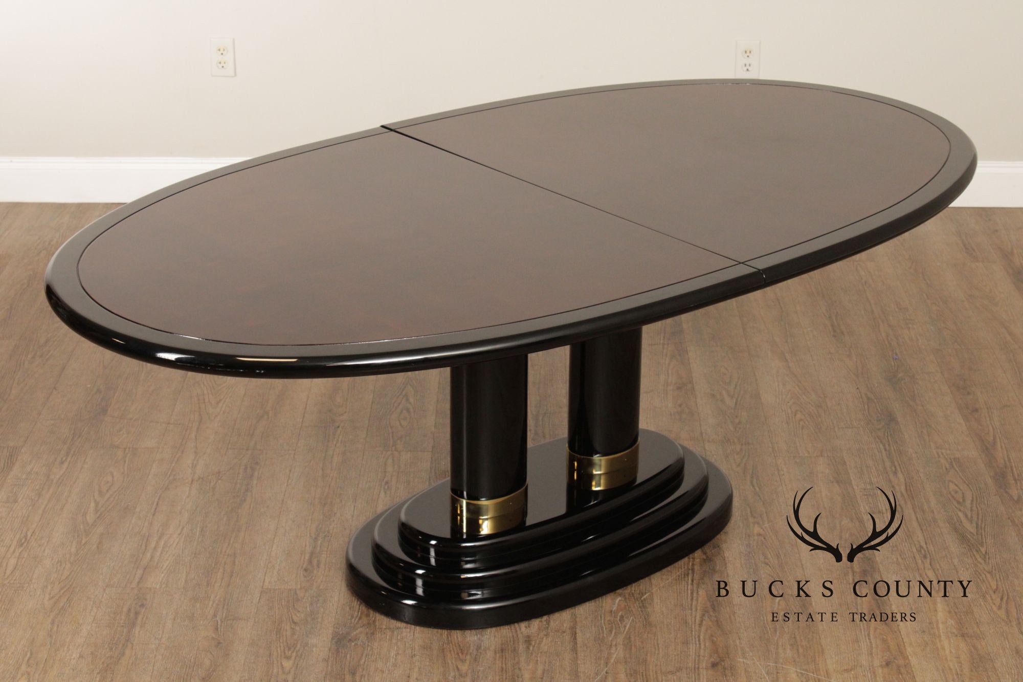 Henredon 'Scene Three' Oval Expandable Black Lacquered And Burl Walnut Dining Table