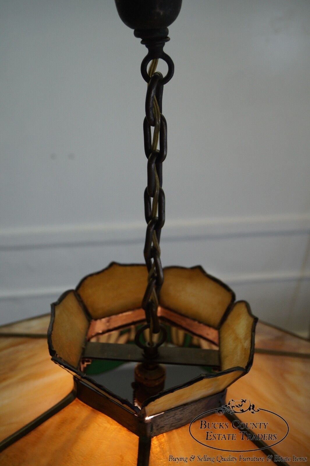 Antique Arts & Crafts Stained Glass Hanging Chandelier Light Fixture