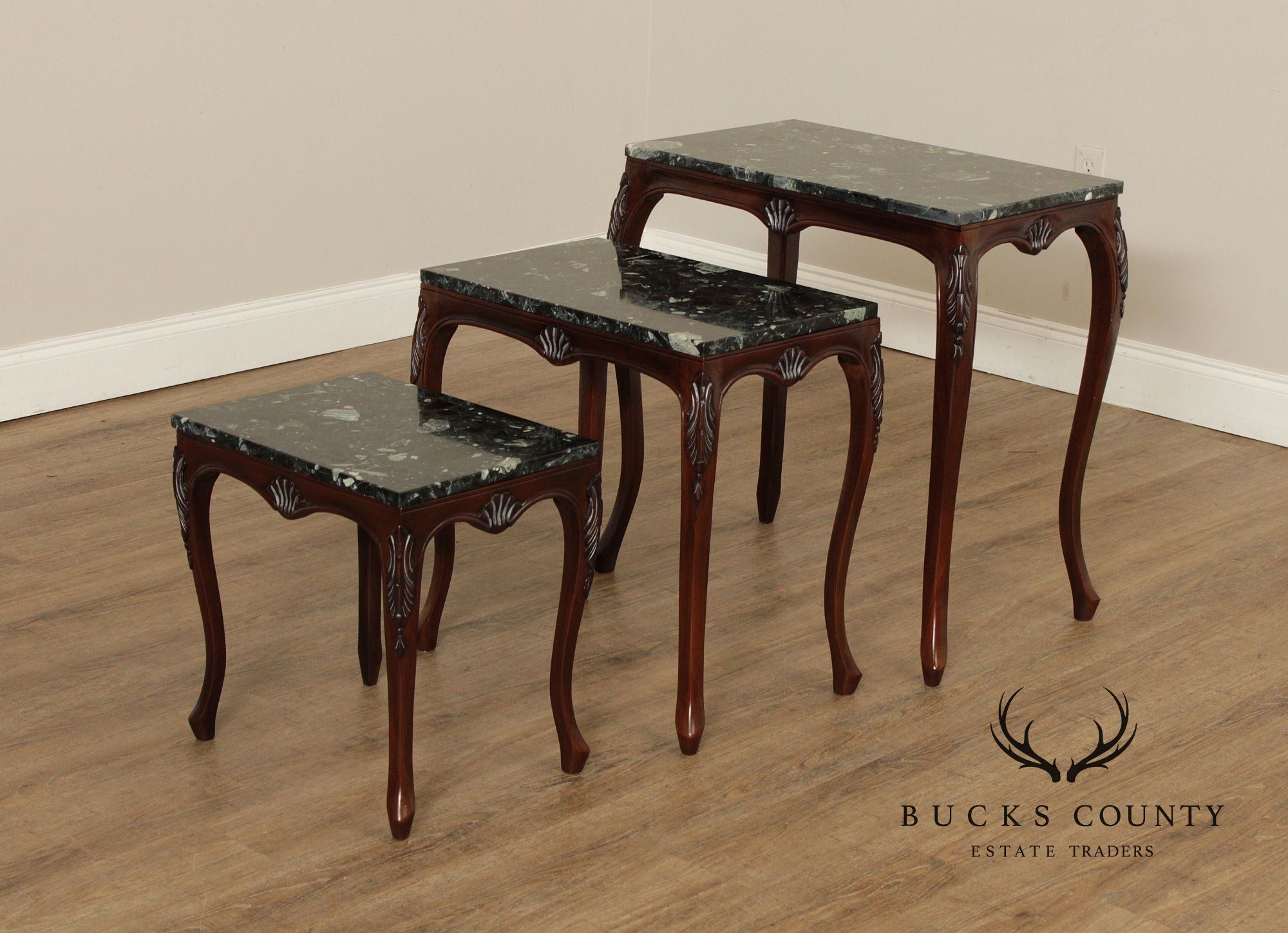 Rococo Style Set of Three Marble Top Mahogany Nesting Tables
