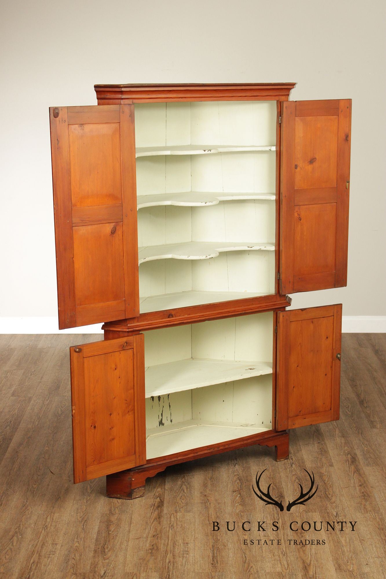 Antique American Pine Two-Part Paneled Door Corner Cupboard