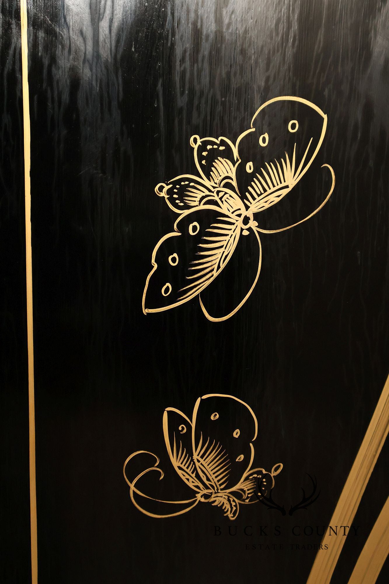 Asian Black Lacquer Vintage Pair Of Four Panel Folding Screens With Mother Of Pearl Inlay