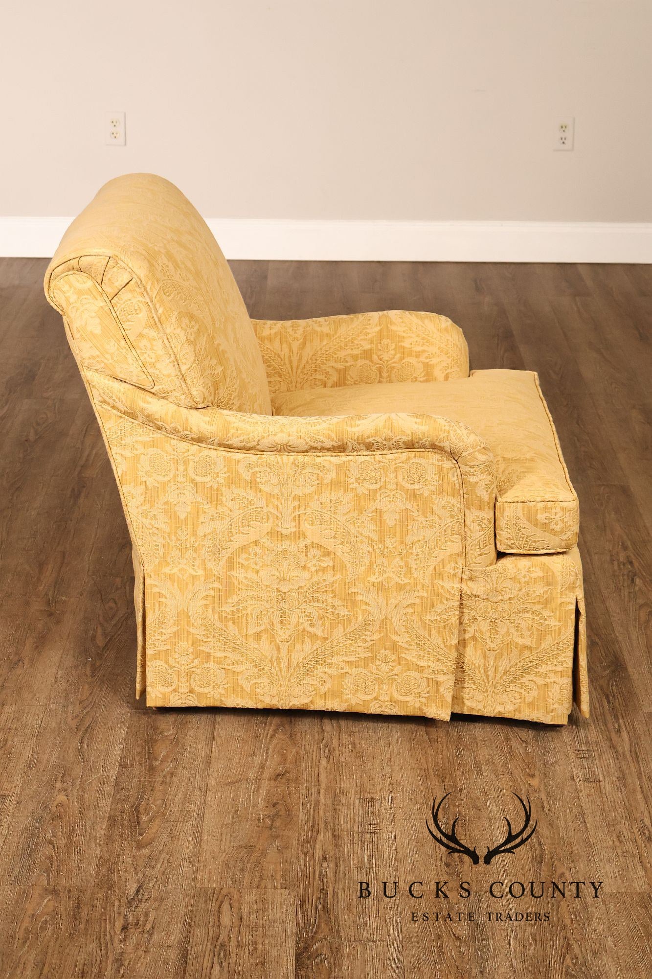 Custom Pair Of Skirted Damask Upholstered Lounge Chairs