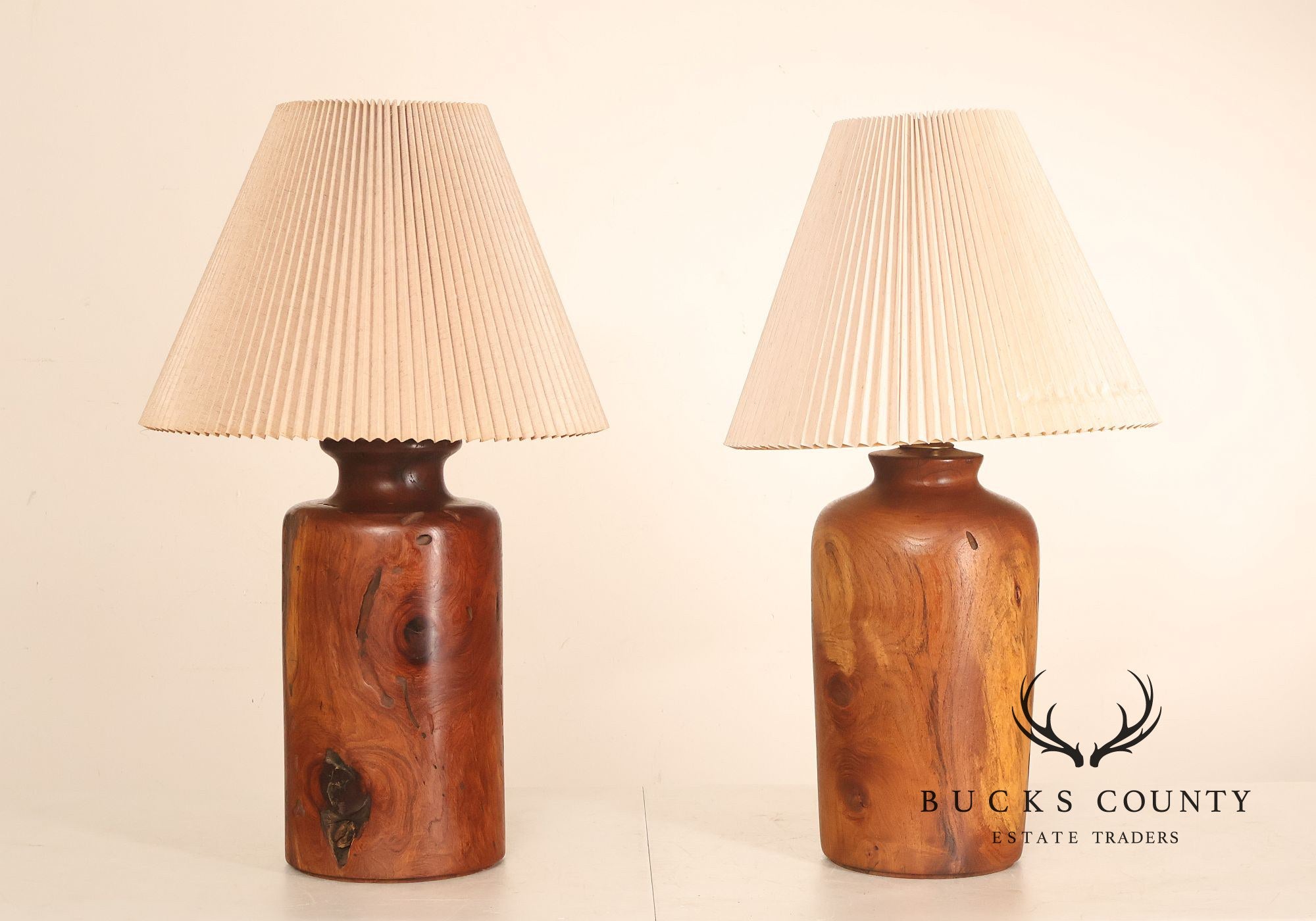 Organic Modern Mid Century Modern Pair of Turned Wood Table Lamps