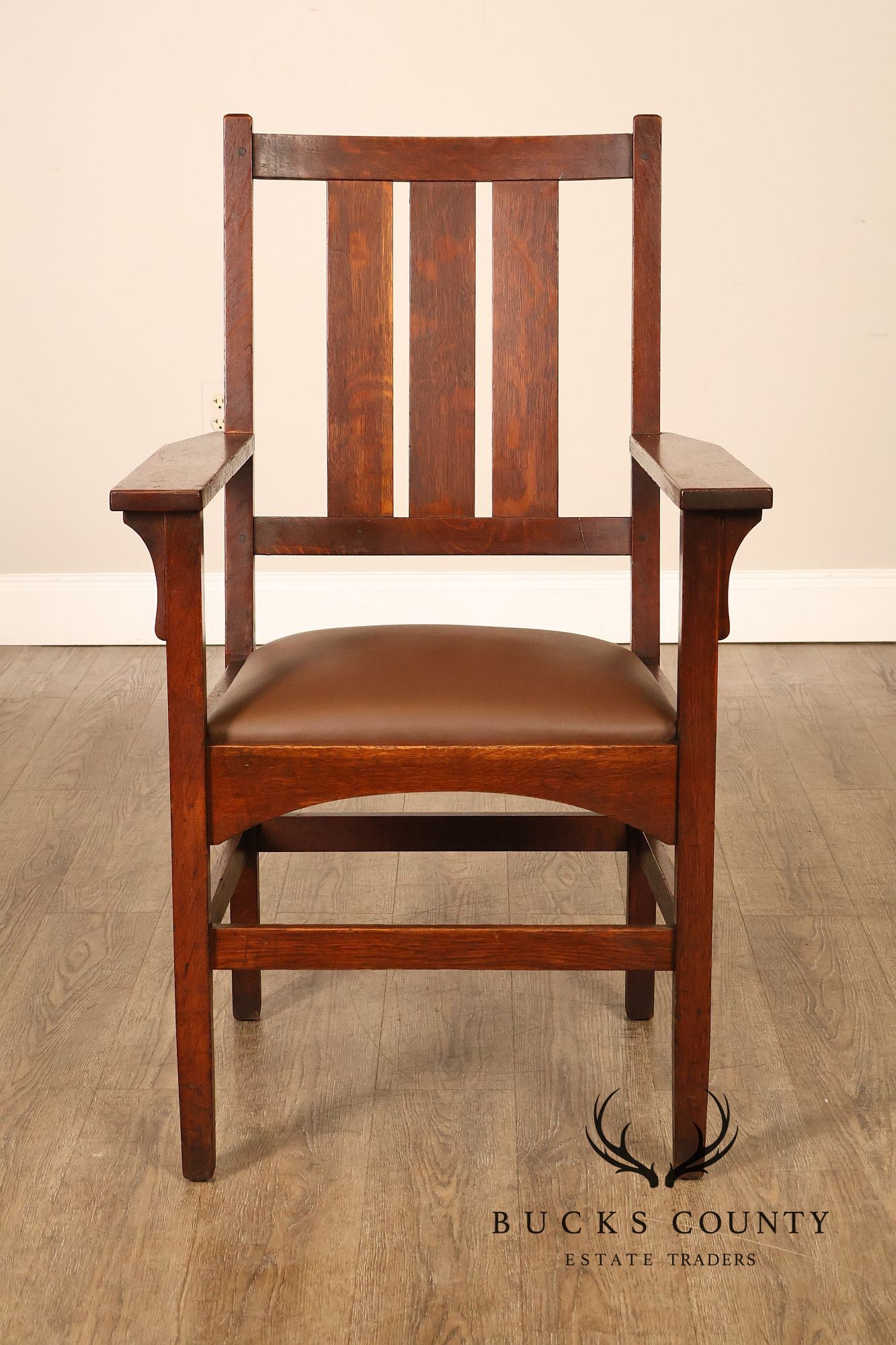 Antique Gustav Stickley Harvey Ellis Arts And Crafts Mission Oak And Leather Armchair