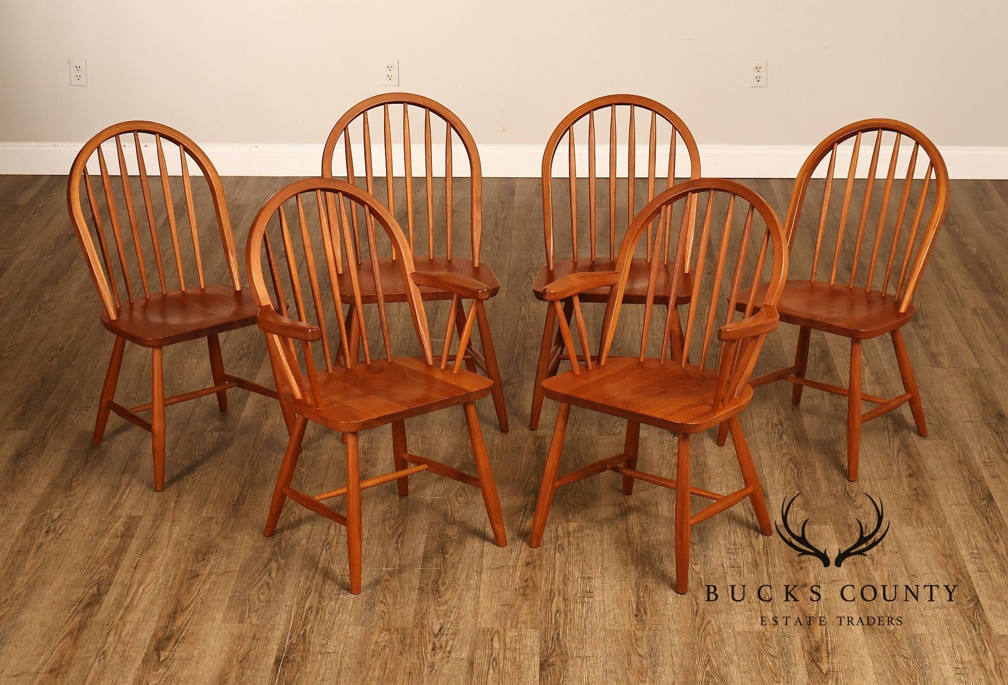 KD Sun Furniture Vintage Danish Modern Style Set of Six Teak Windsor Dining Chairs