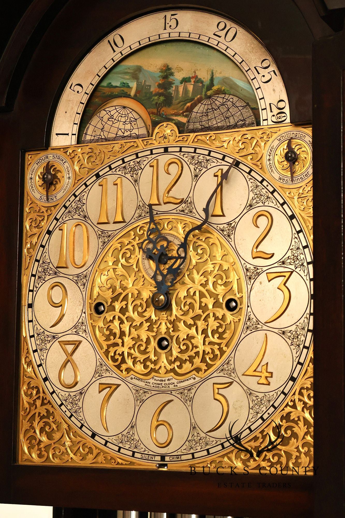 American Chime Clock Co Nine Tube Grandfather Clock with Moon Dial and Westminster Chime Movement