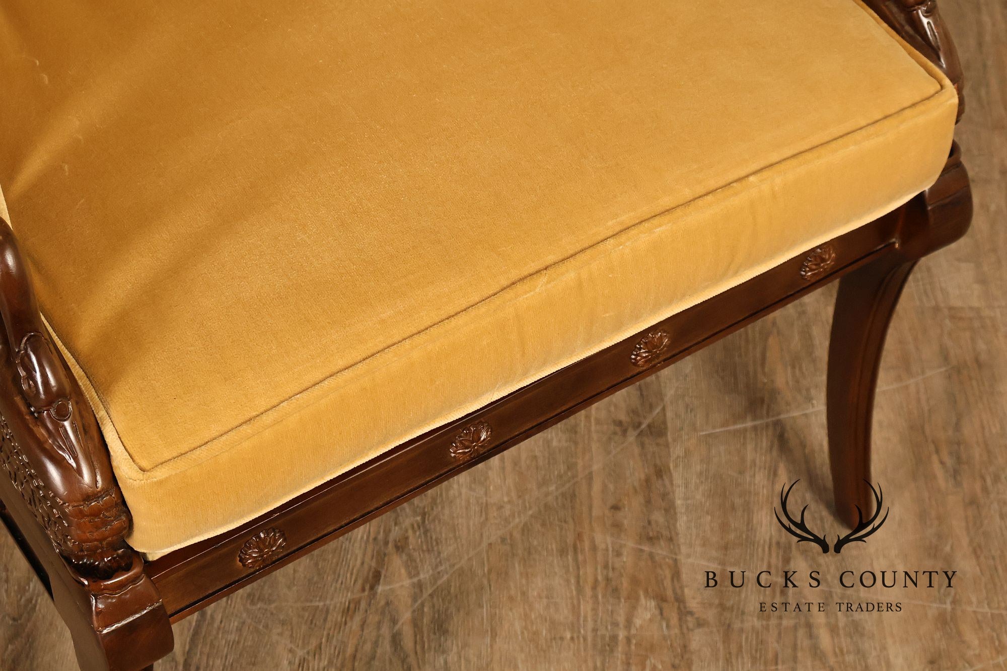 Pair Of French Empire Style Carved Mahogany Swan Motif Barrel Back Club Chairs In Gold Velvet