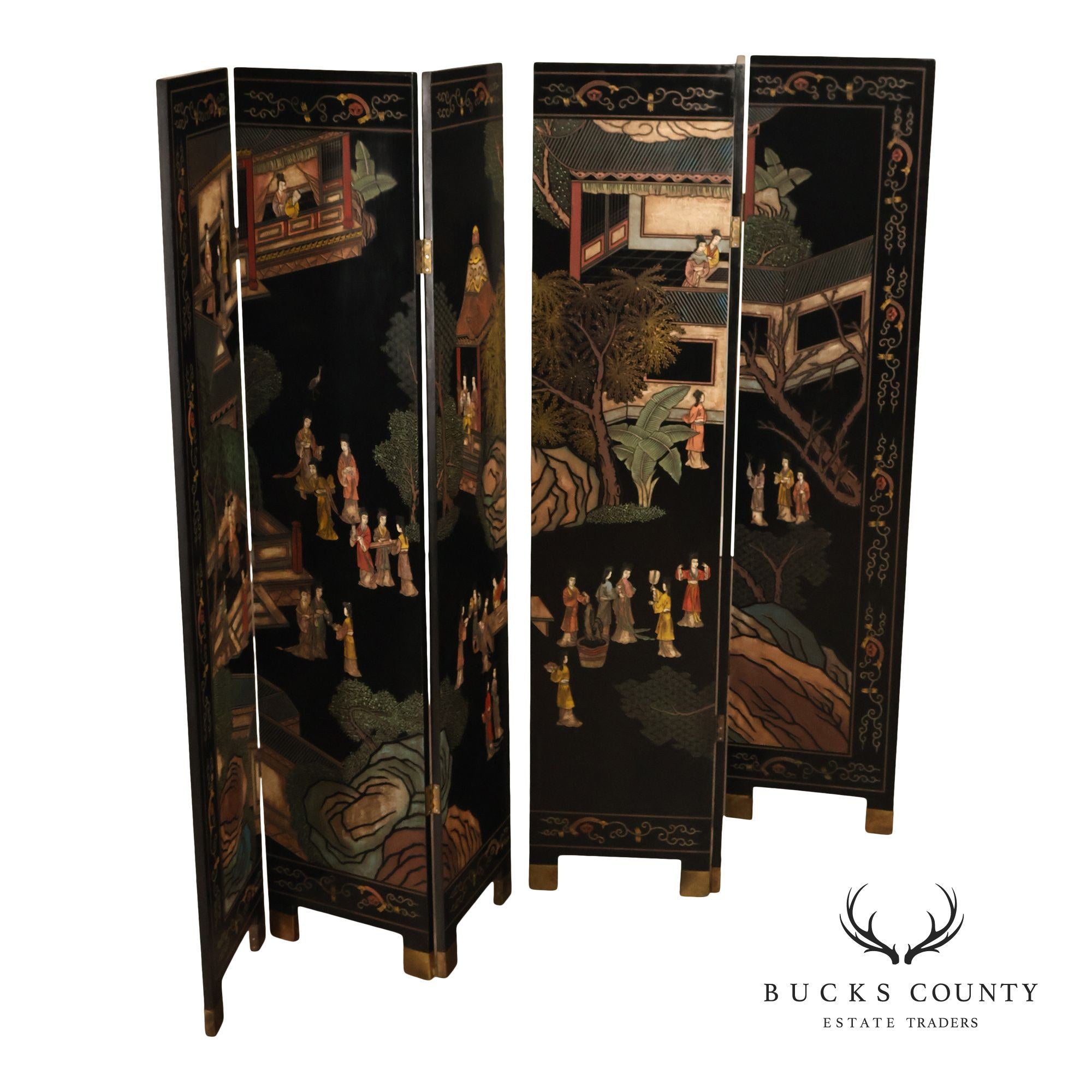 Asian Style Black Vintage Lacquer Six Panel Folding Screen