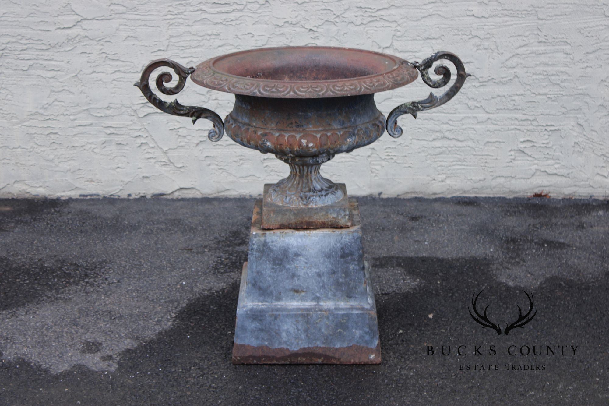 Vintage Cast Iron Neoclassical Garden Urn On Pedestal