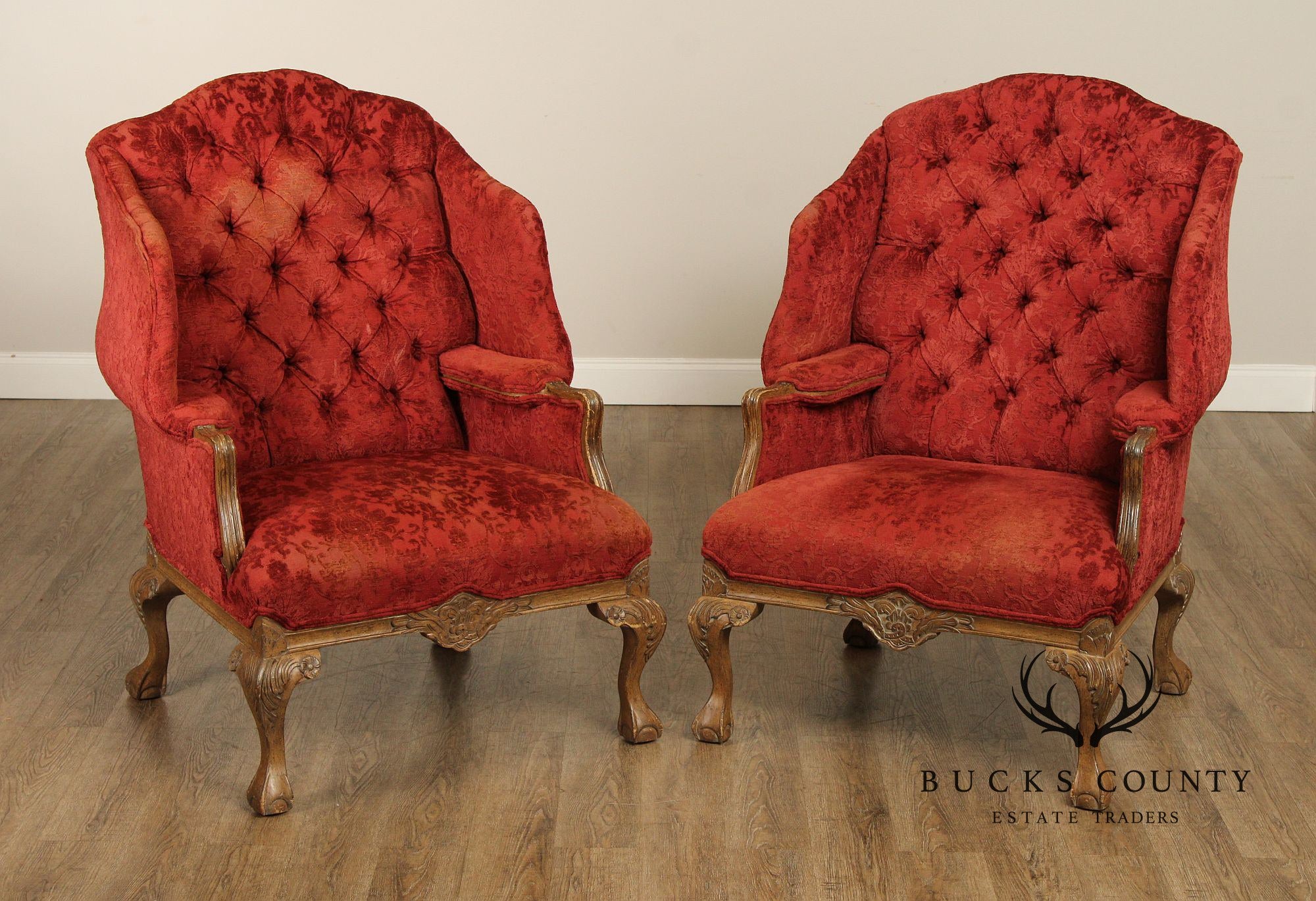 Georgian Style Pair of Wingback Armchairs and Ottoman