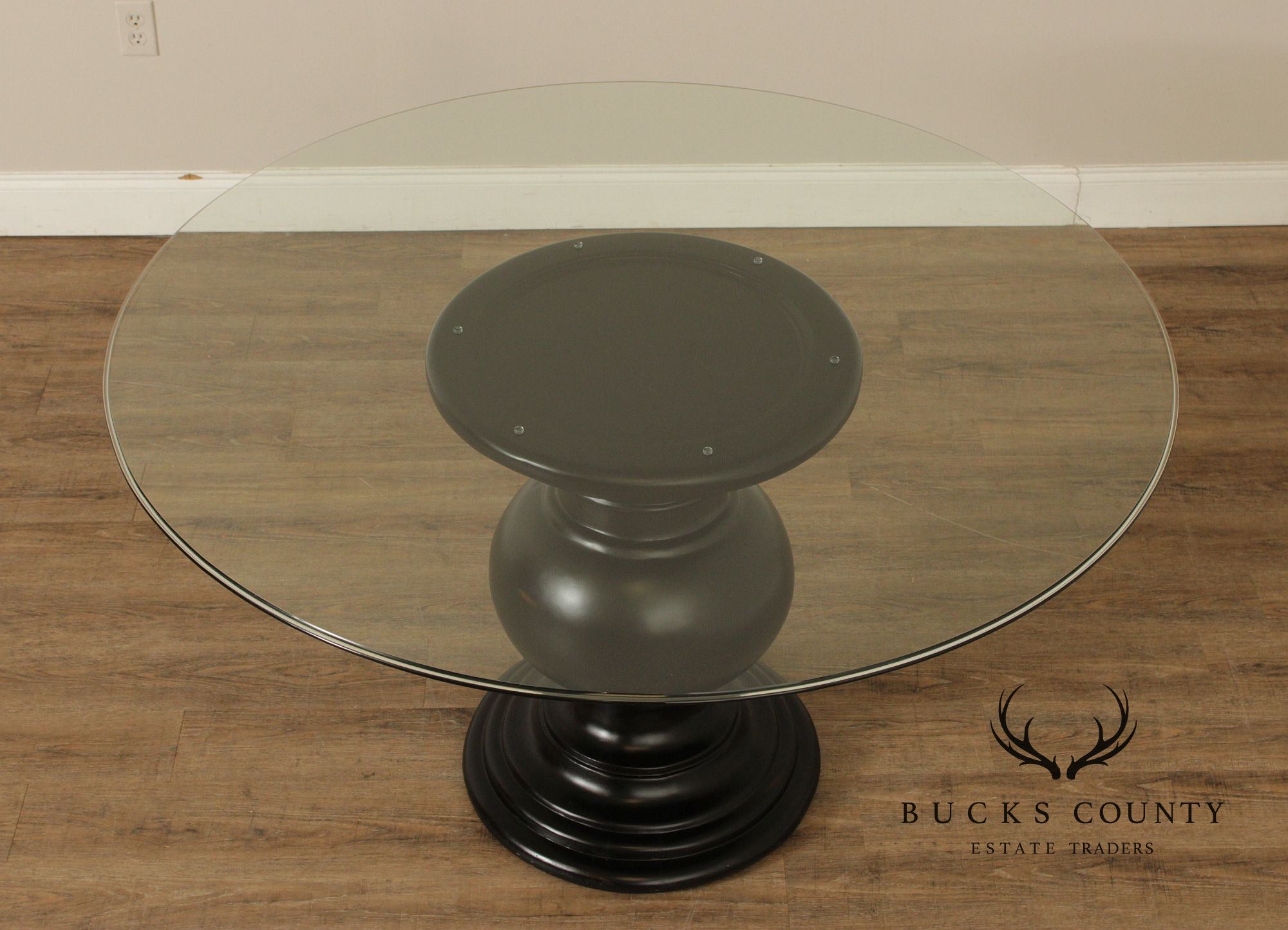 Contemporary Round Glass Top Ebonized Pedestal Dining Table