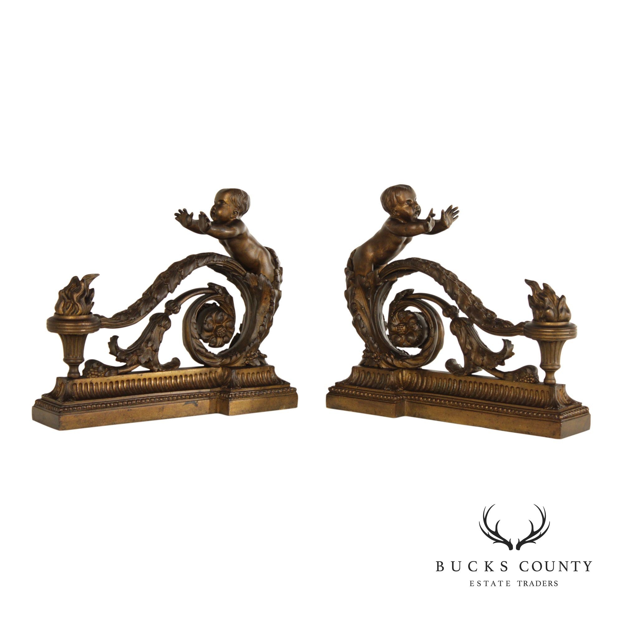 French Louis XV Style Antique Bronze Pair of Cherub Andirons