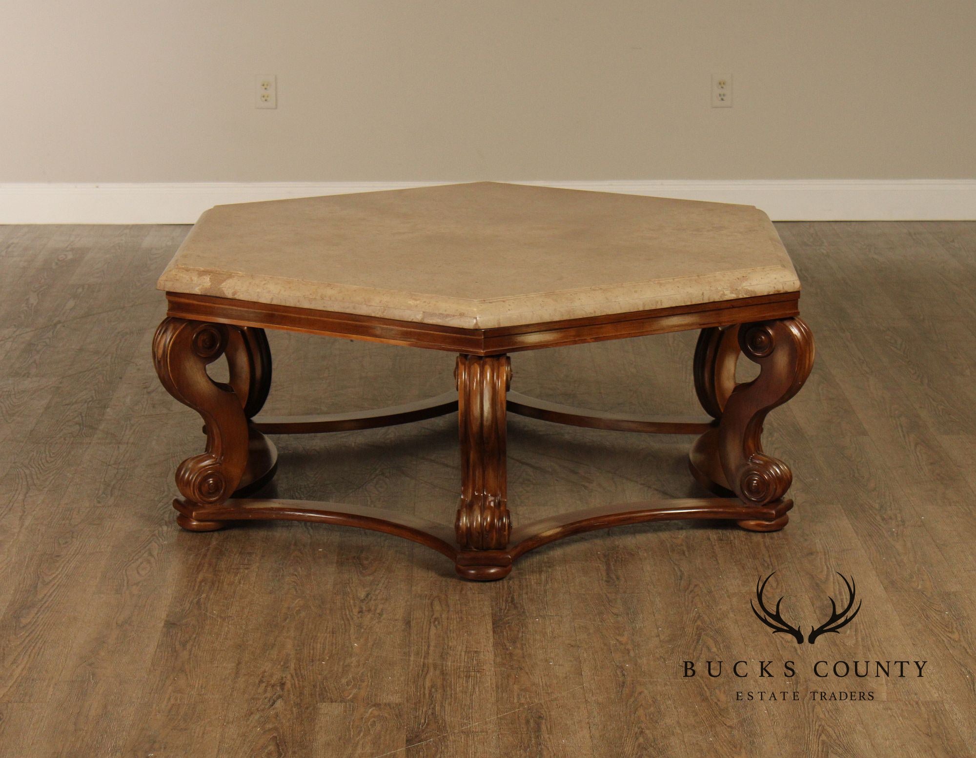 Century Furniture Tuscan Style Large Travertine Top Hexagonal Coffee Table