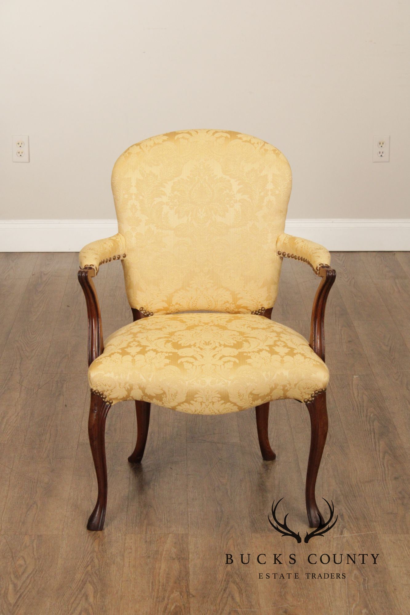 Queen Anne Style Vintage Pair of Mahogany Upholstered Armchairs