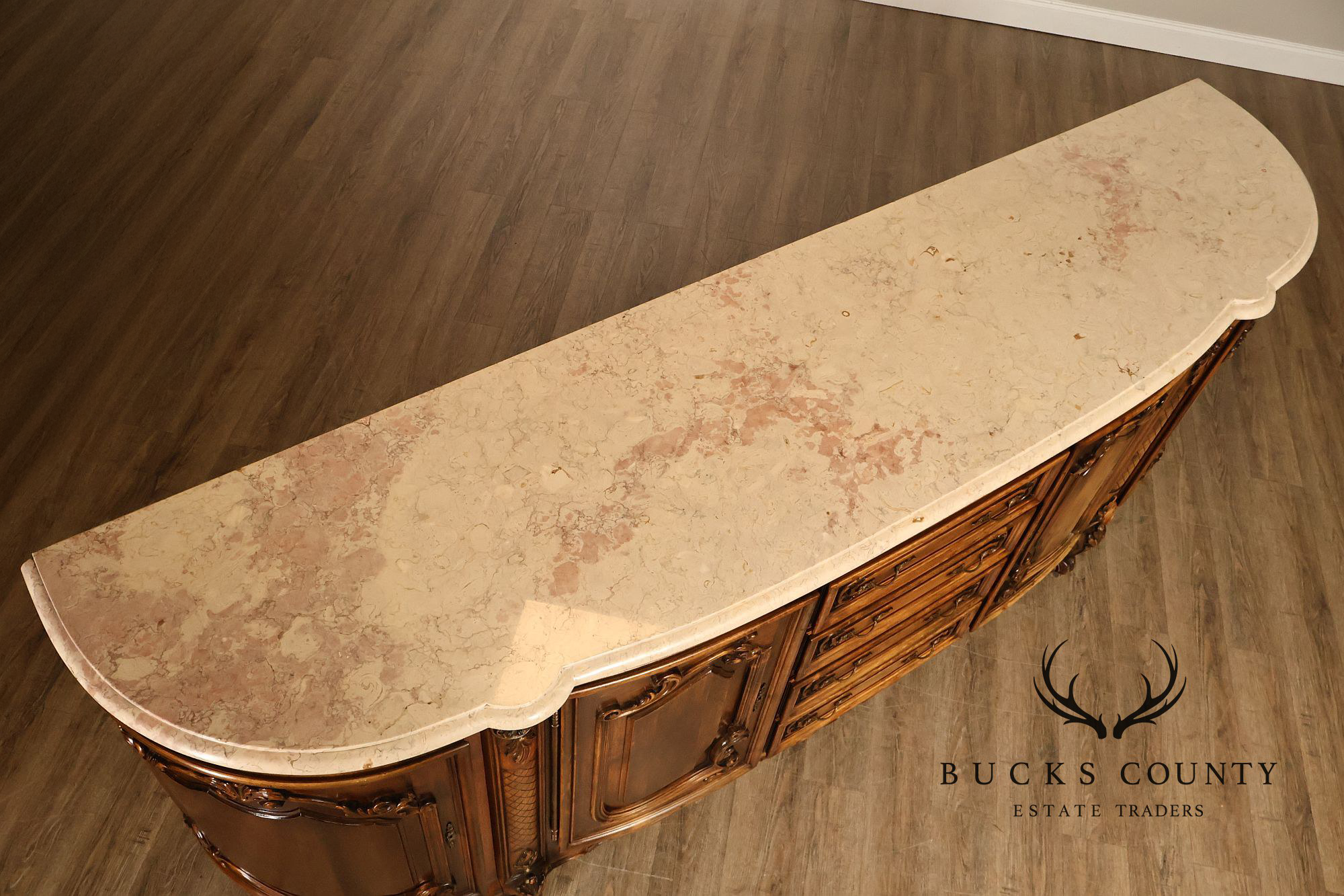 French Louis XV Style 106" Long Marble Top Walnut Sideboard