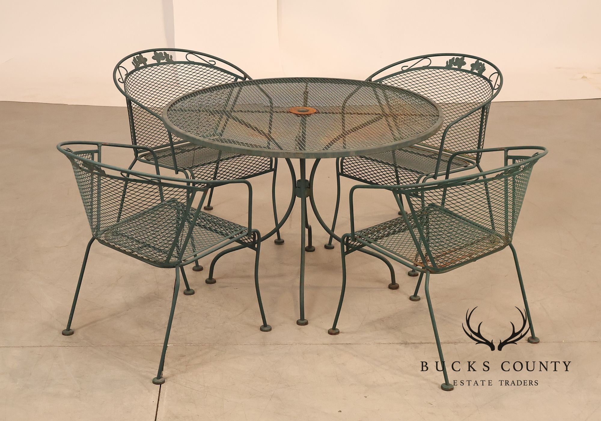 Vintage Wrought Iron Round Patio Table And Four Chairs Set