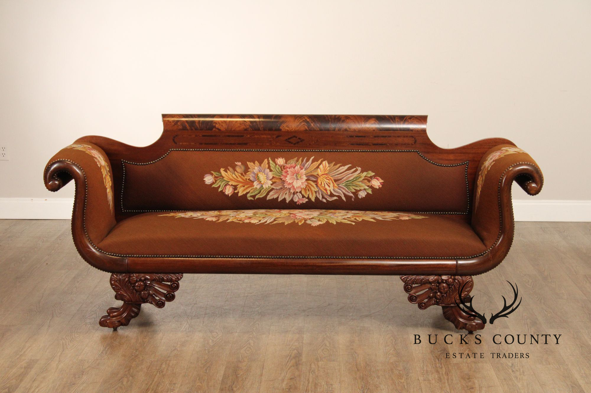 American Empire Carved Mahogany and Needlepoint Sofa
