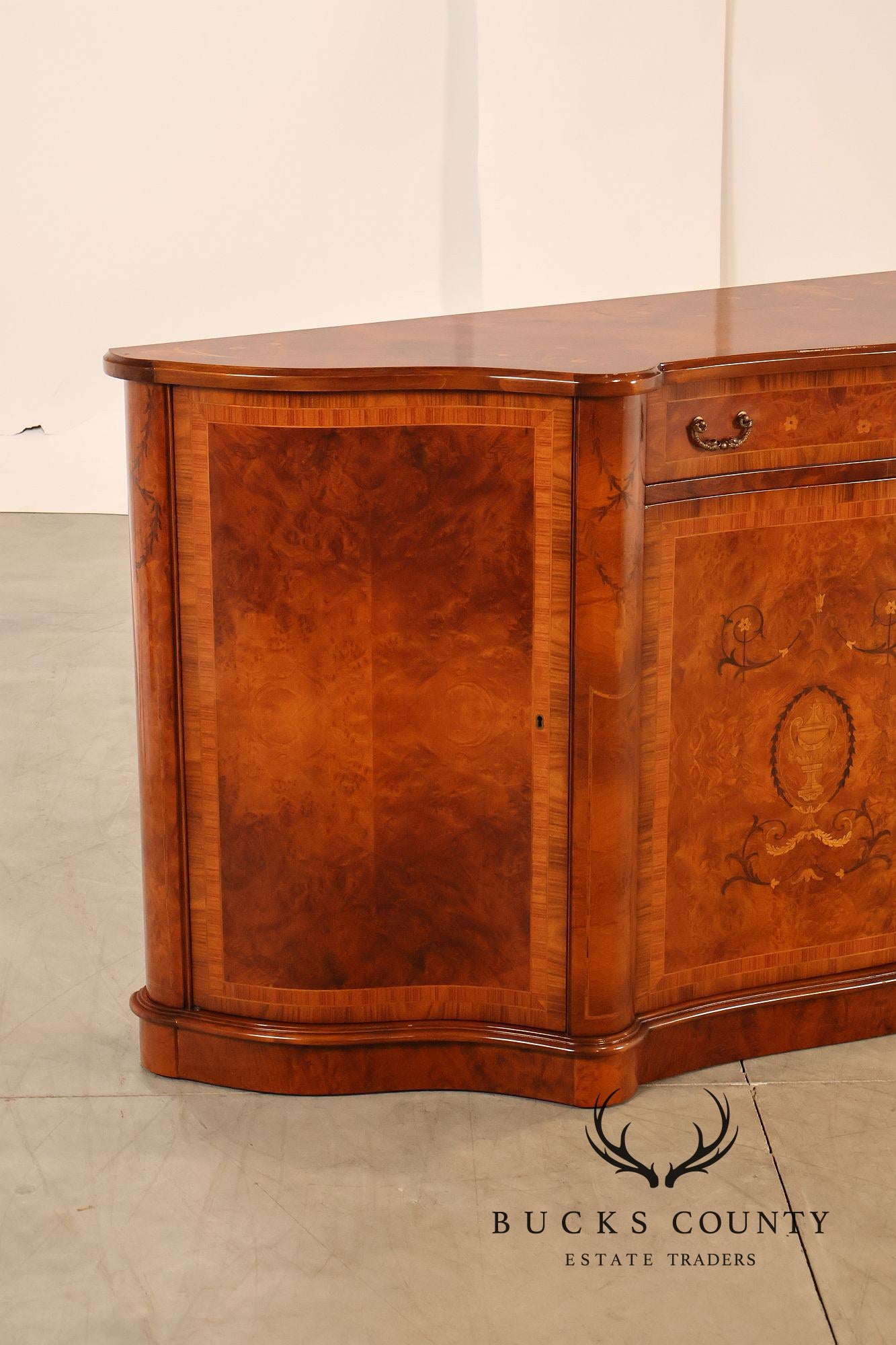 Italian Style Marquetry Inlaid Burl Wood Credenza Sideboard
