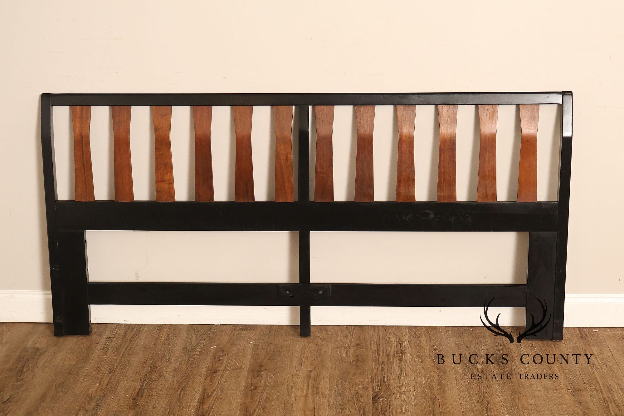 Mid Century Modern King Size Headboard with Ebony Frame and Walnut Bentwood Slats