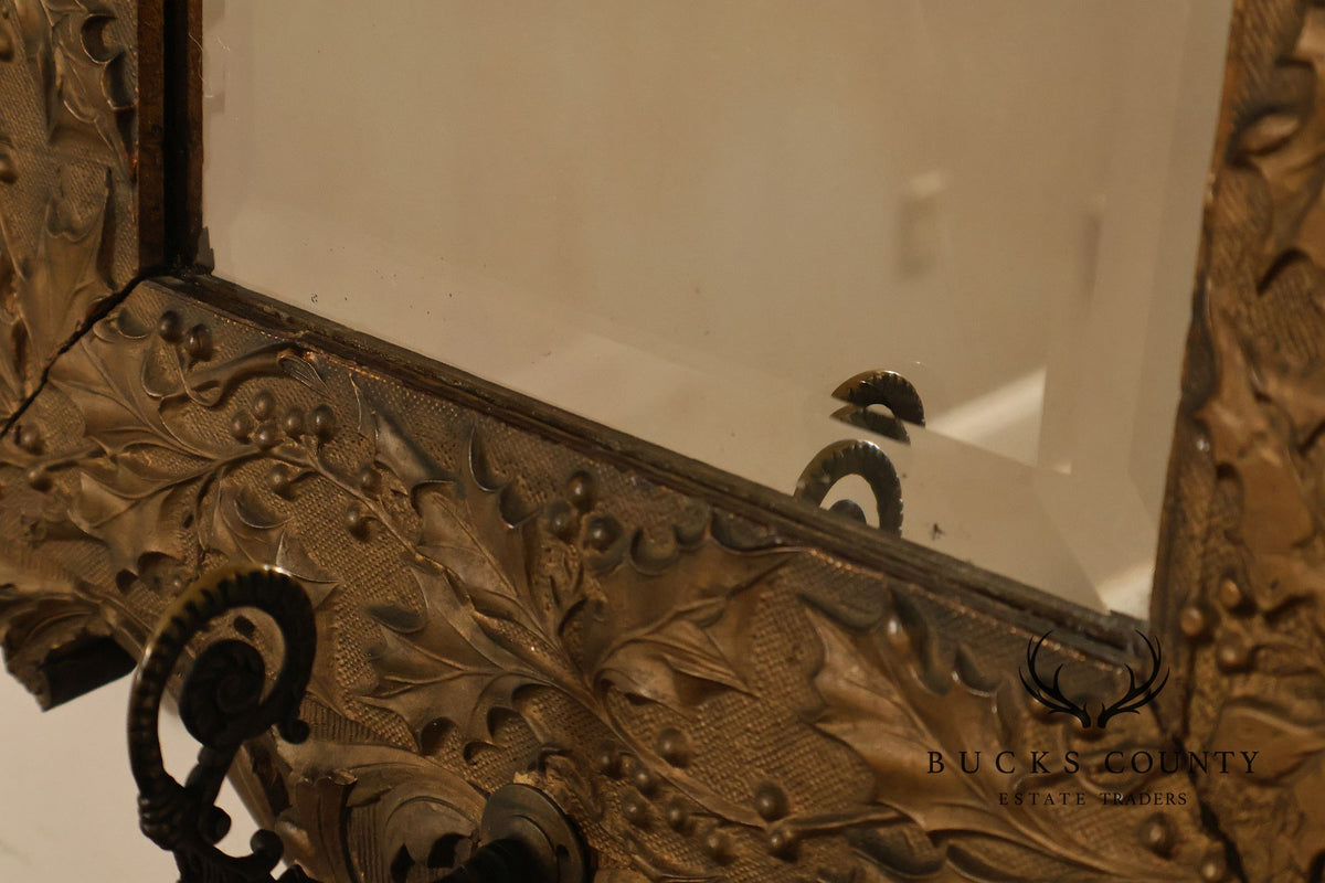 Antique Carved Gilt Wood Wall Mirror With Wrought Iron Hooks