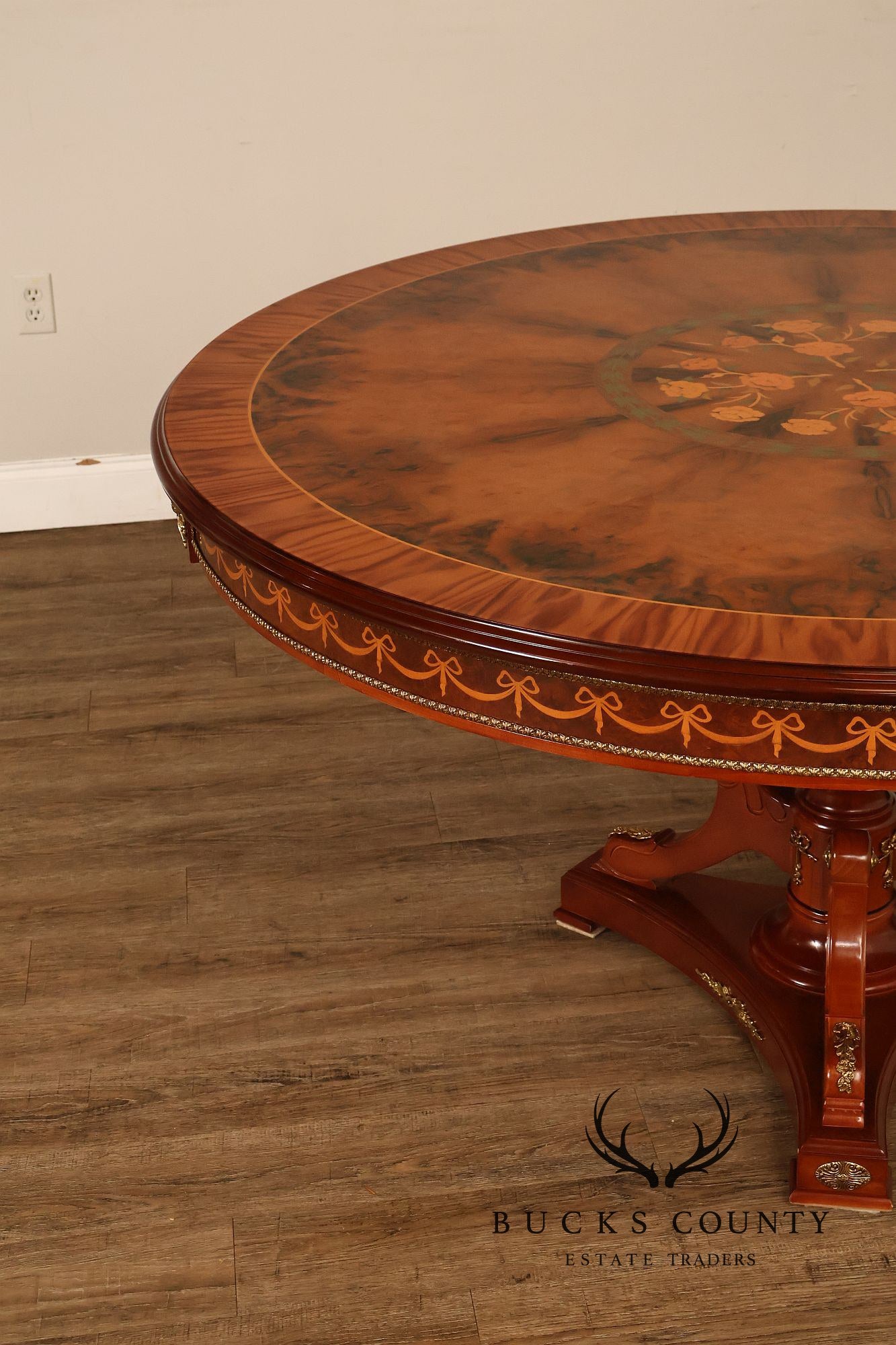 60” Round Pedestal Inlaid Burl Wood Dining or Center Table