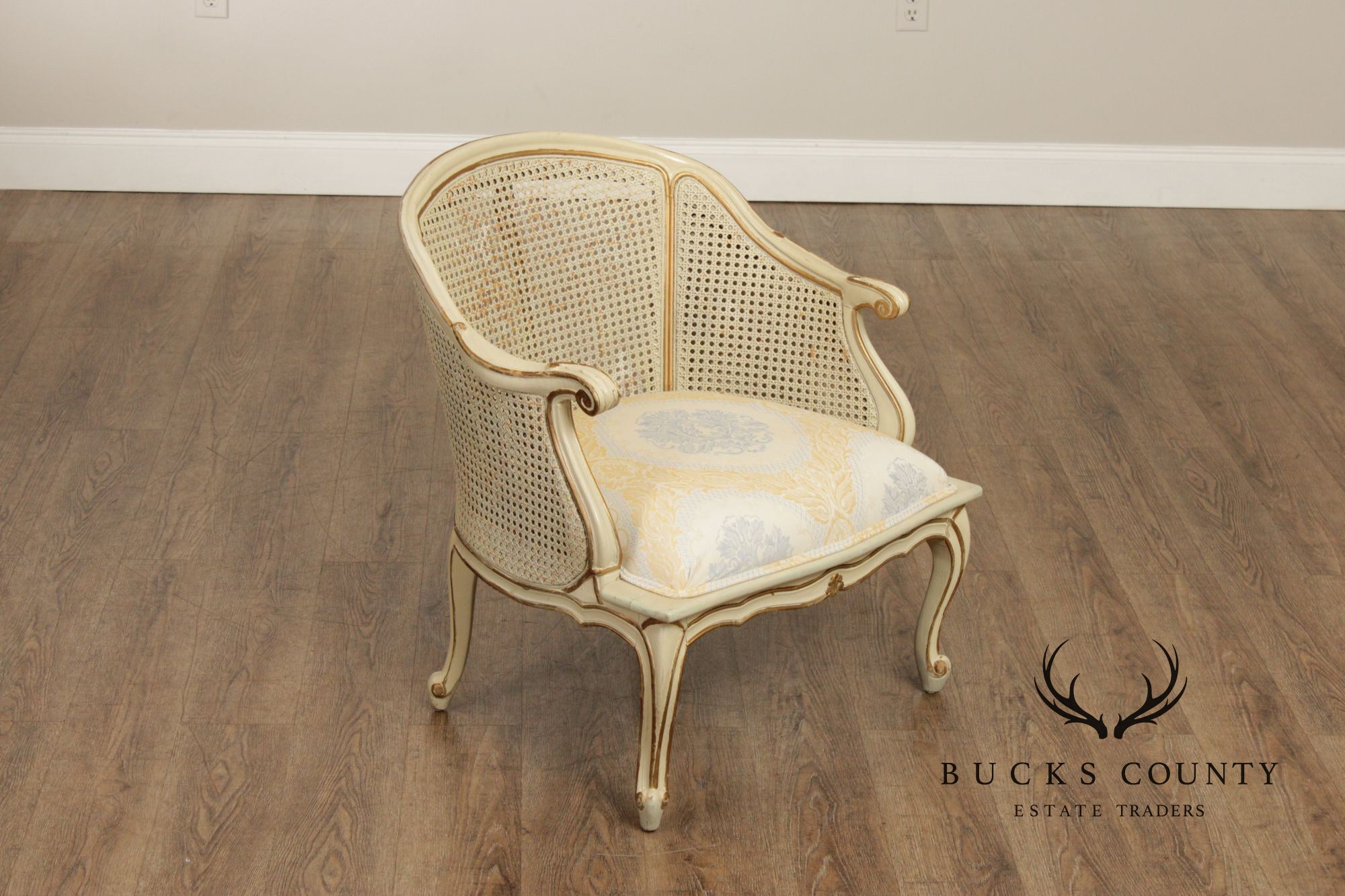 French Provincial Style Barrel Back Caned Lounge Chair and Ottoman