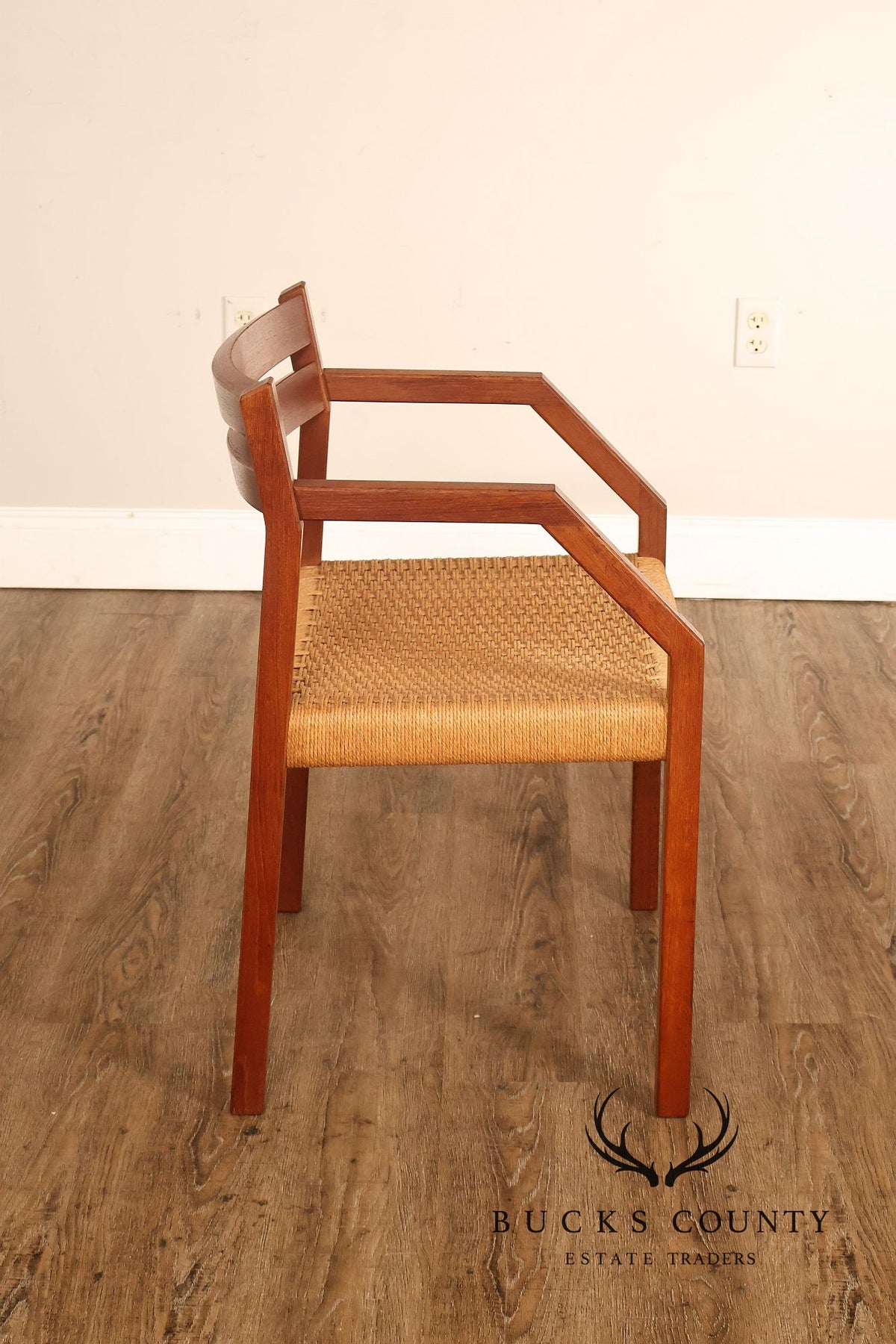Mid-Century Modern Teak Armchair With Woven Rush Seat