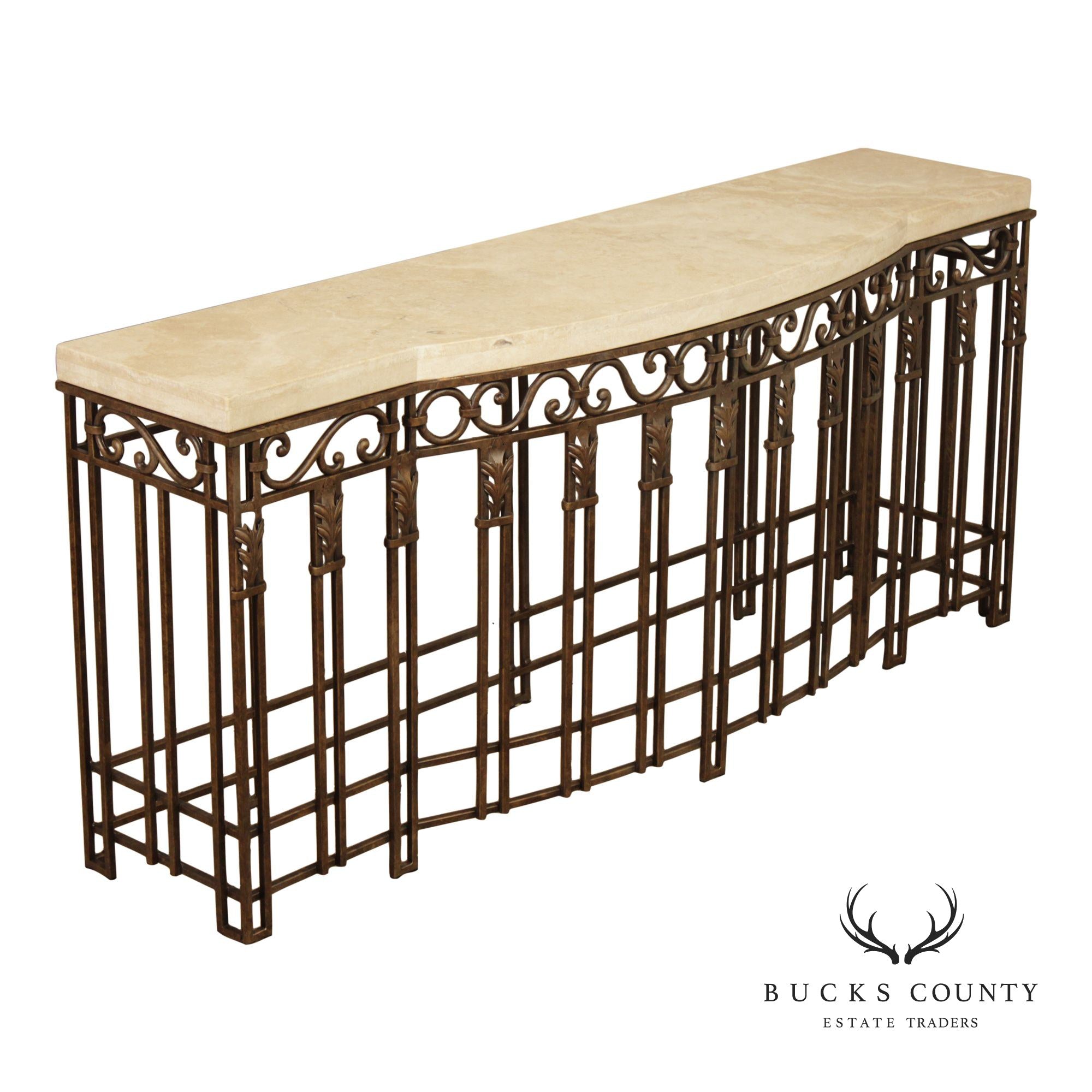 Wrought Iron Travertine Top Long Console Table