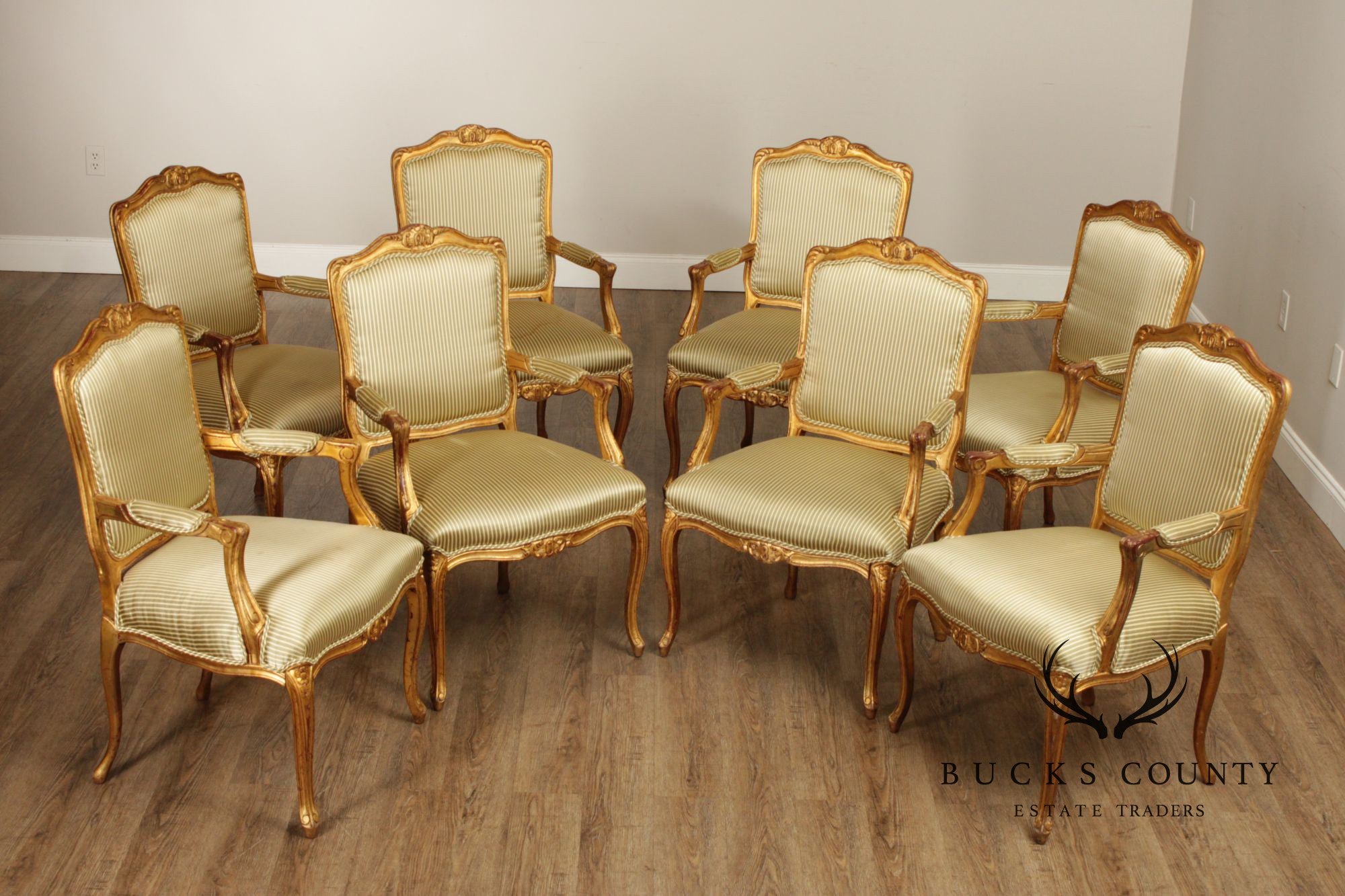 French Louis XV Style Set of Eight Giltwood Dining Armchairs