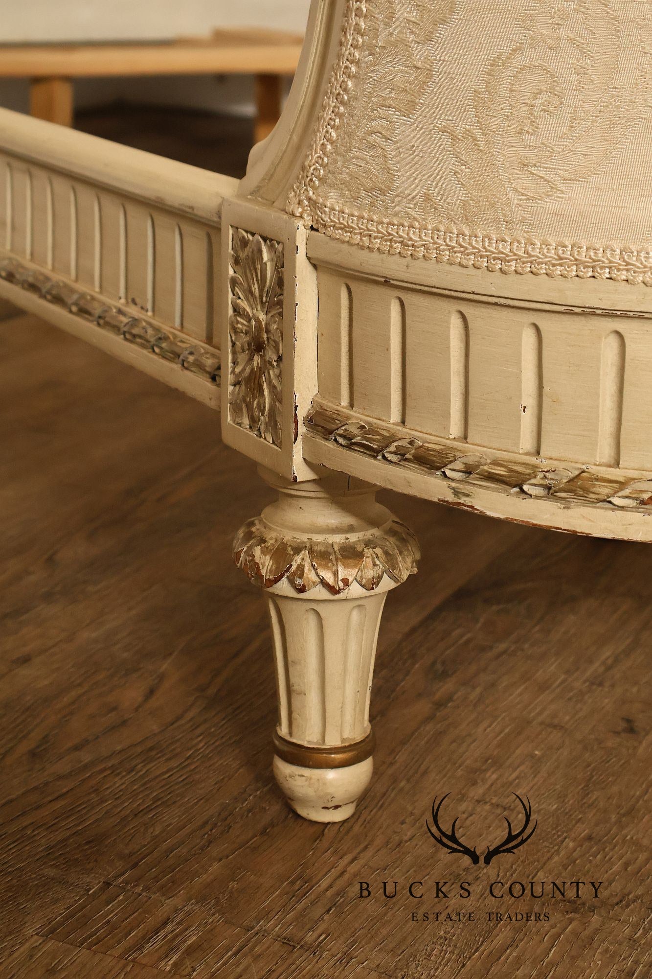 Antique French Louis XVI Style Painted & Upholstered Full Size Bed Frame