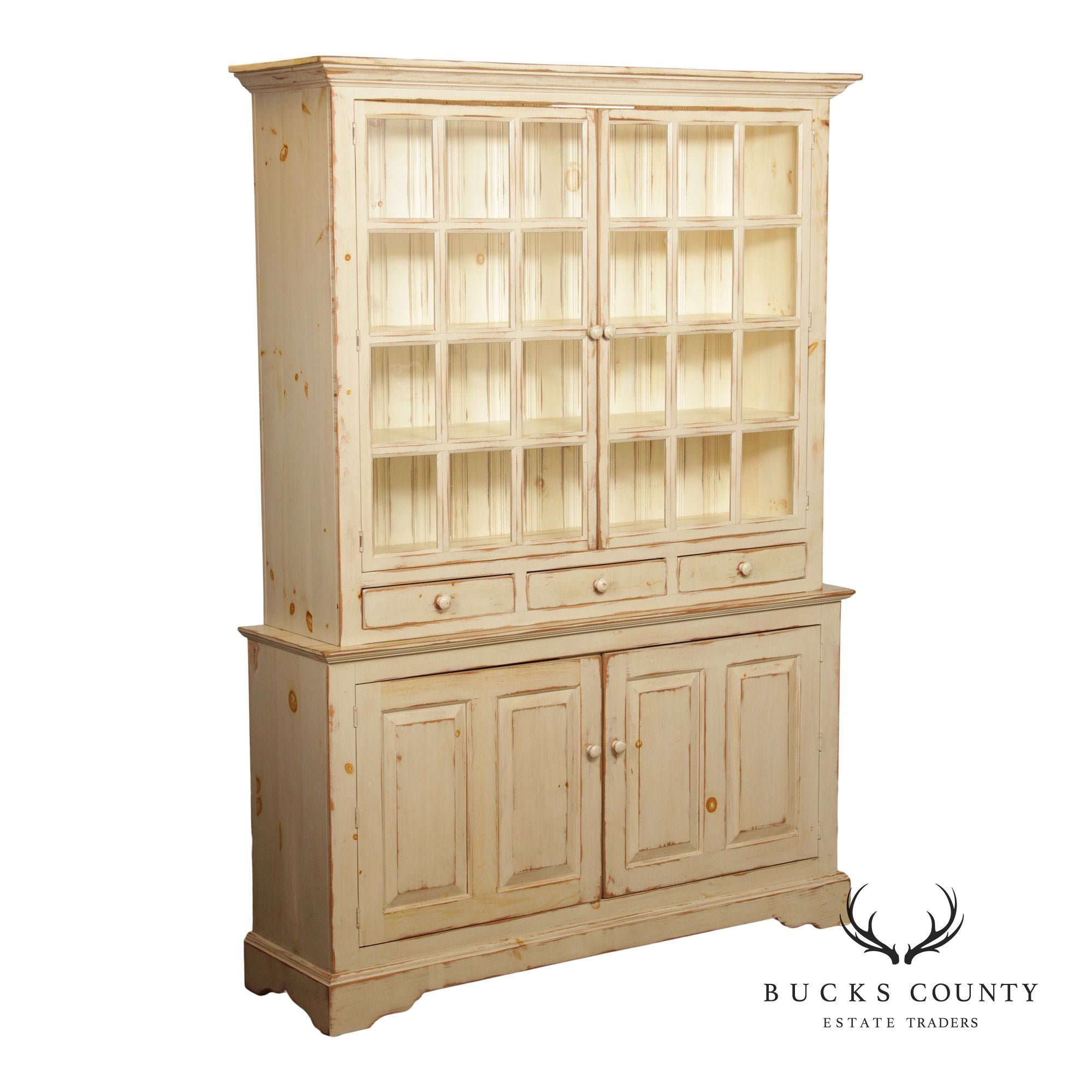 Farmhouse Distress Painted Large Step-Back Cupboard