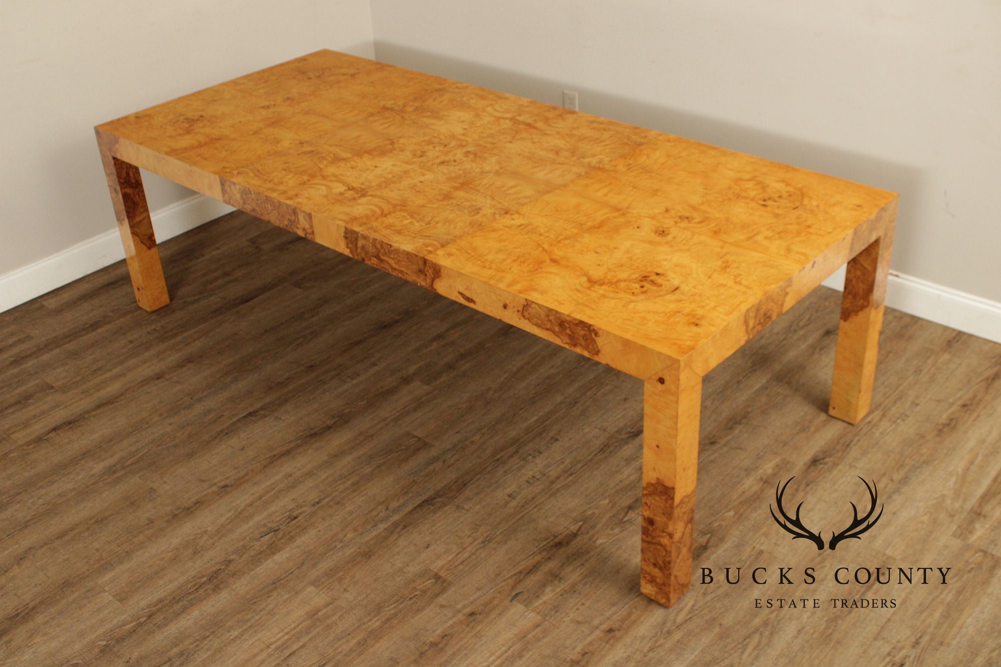 Mid-Century Modern Burlwood Parsons Extension Dining Table with 2 Leaves