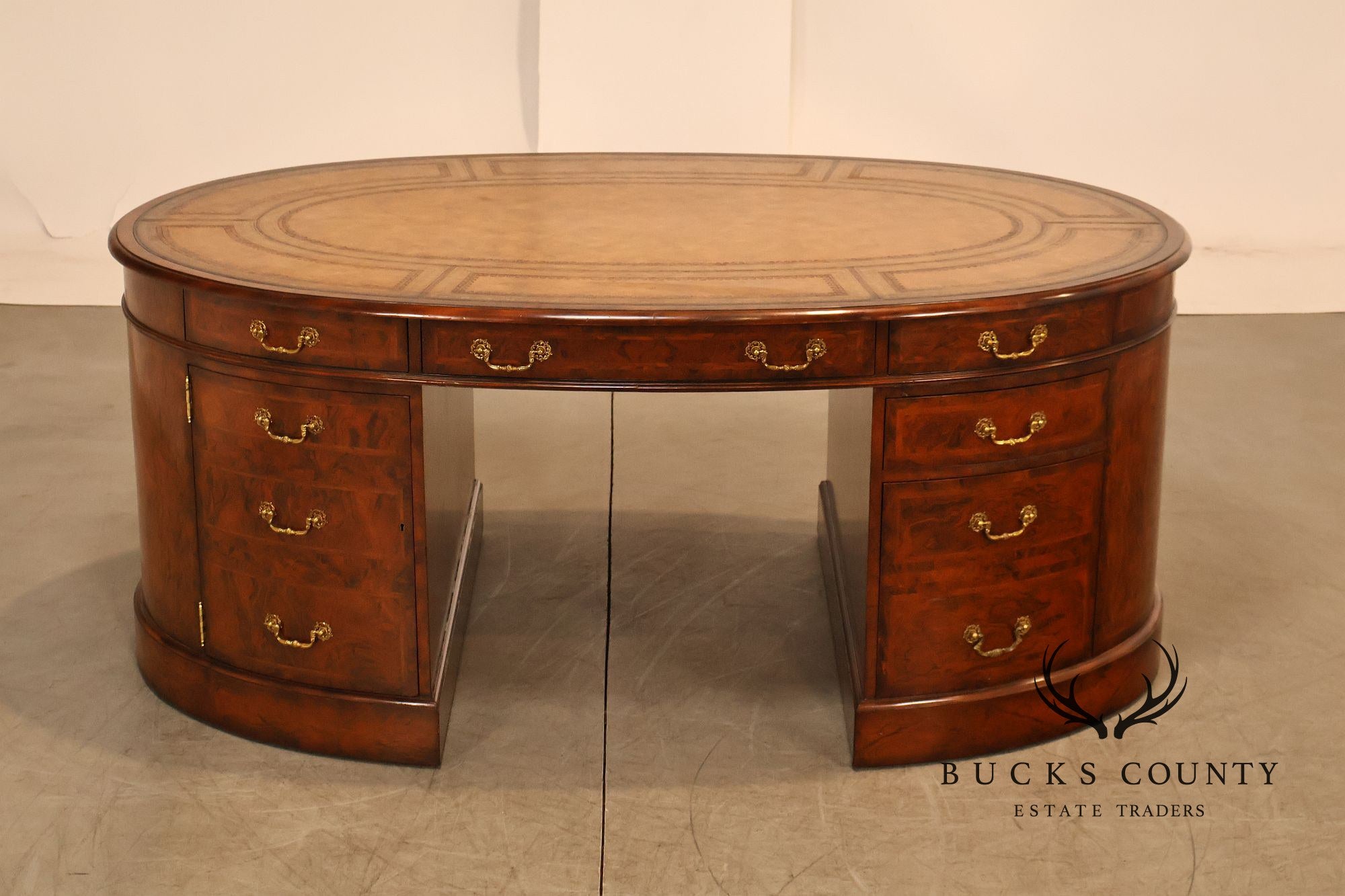 Maitland-Smith Oval Burl Wood Leather Top Partner Desk with Brass Hardware