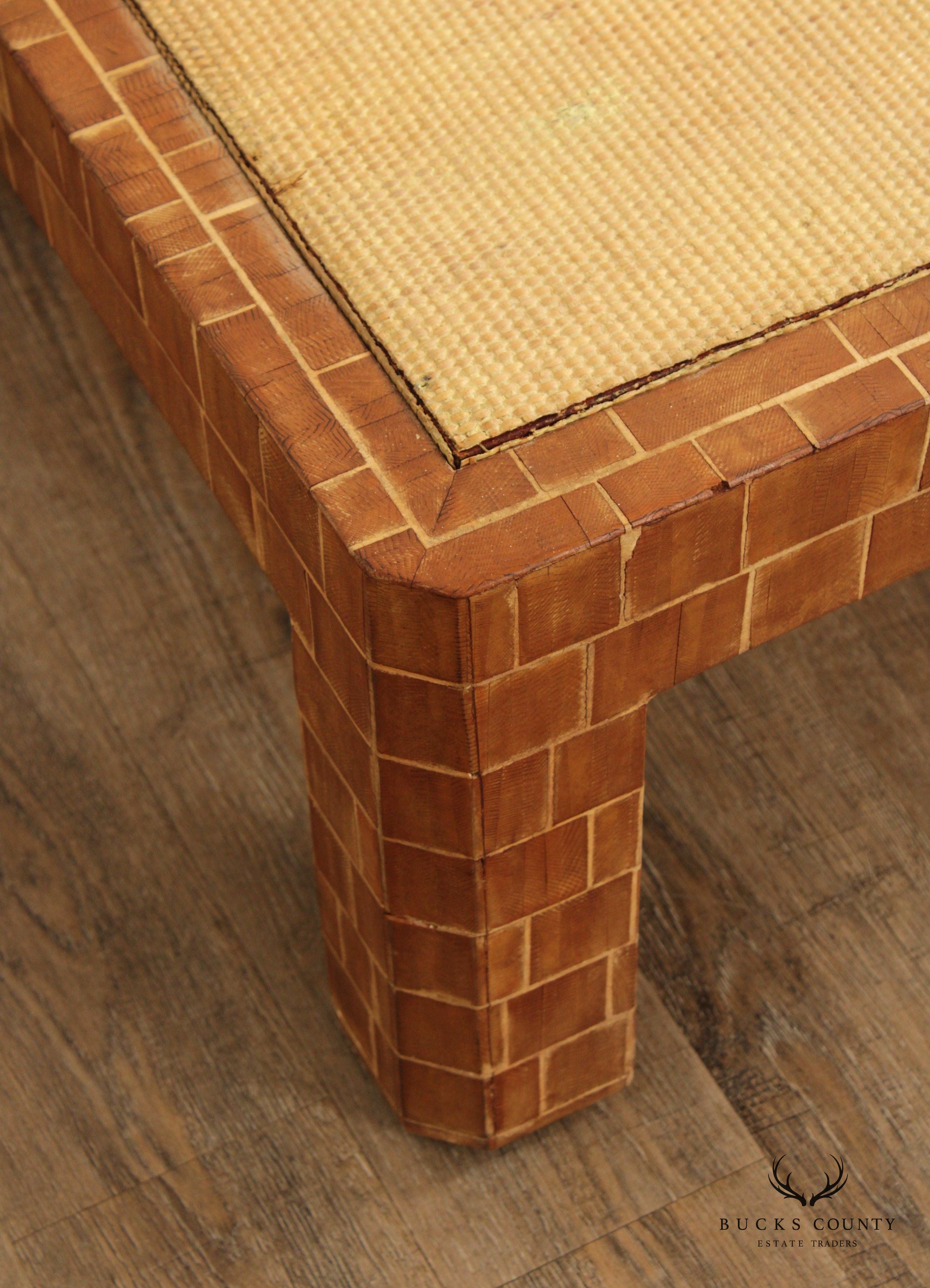 Mid Century Modern Wooden Block Carved Tile Parsons Coffee Table with Wicker Top
