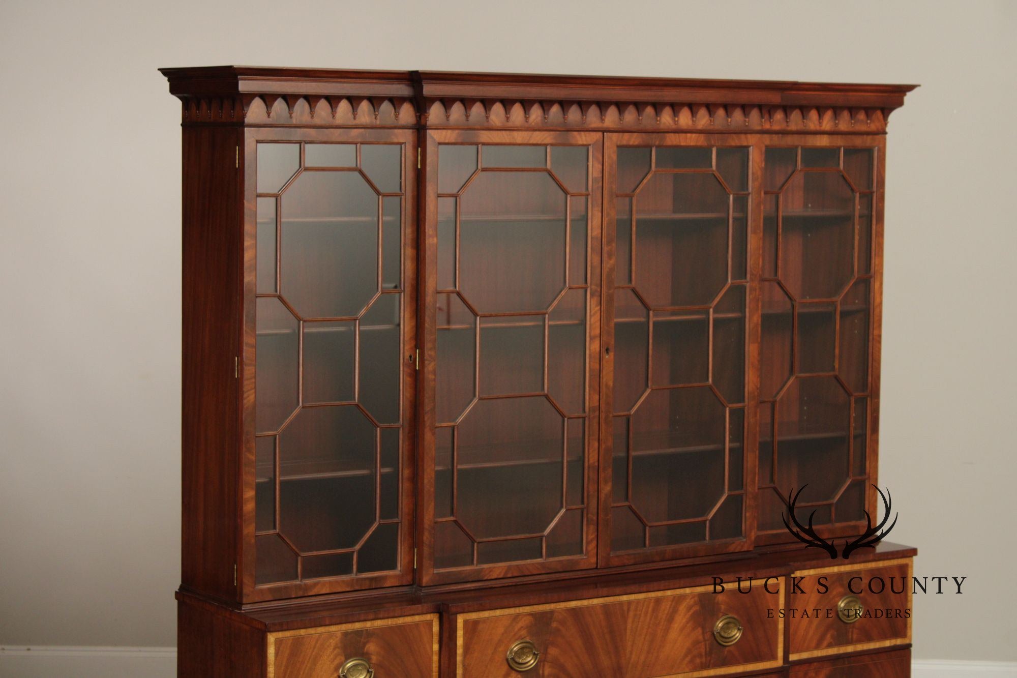 1940's Georgian Style Mahogany Breakfront Secretary Bookcase With Inlaid Detailing